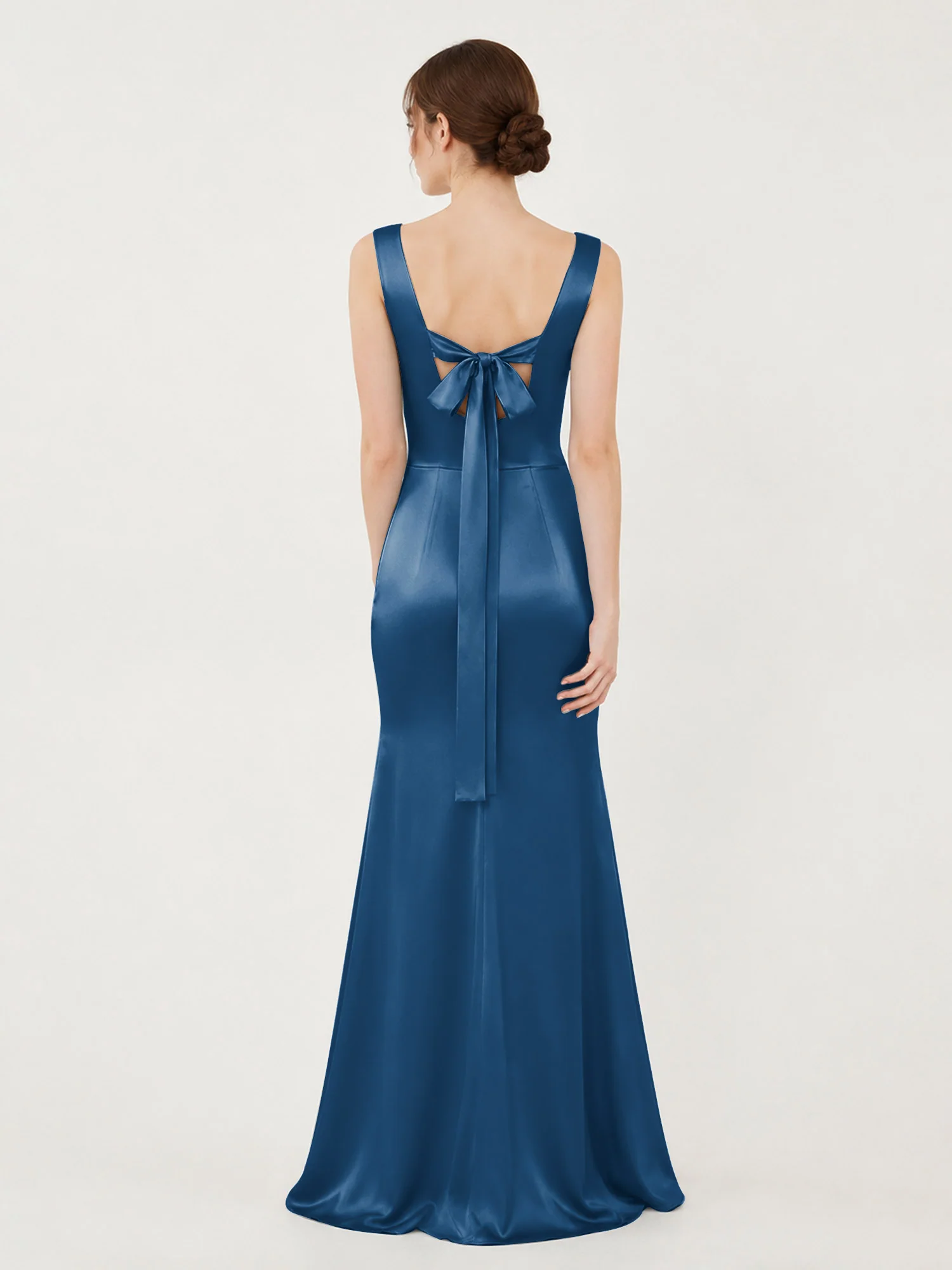 Square Neck Satin Mermaid Gown with Back Bow Detail Ink Blue - Image 2