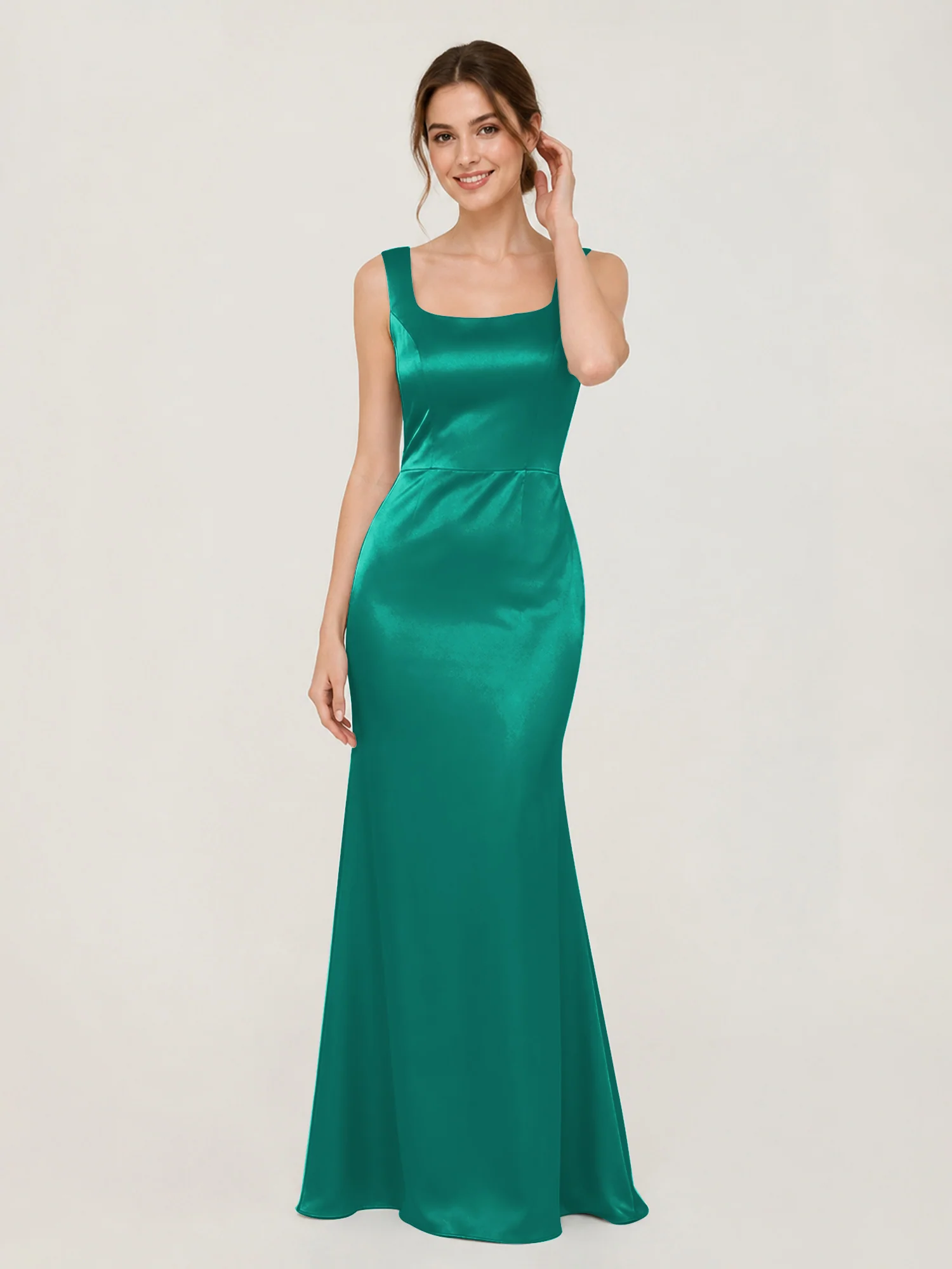 Square Neck Satin Mermaid Gown with Back Bow Detail Jade