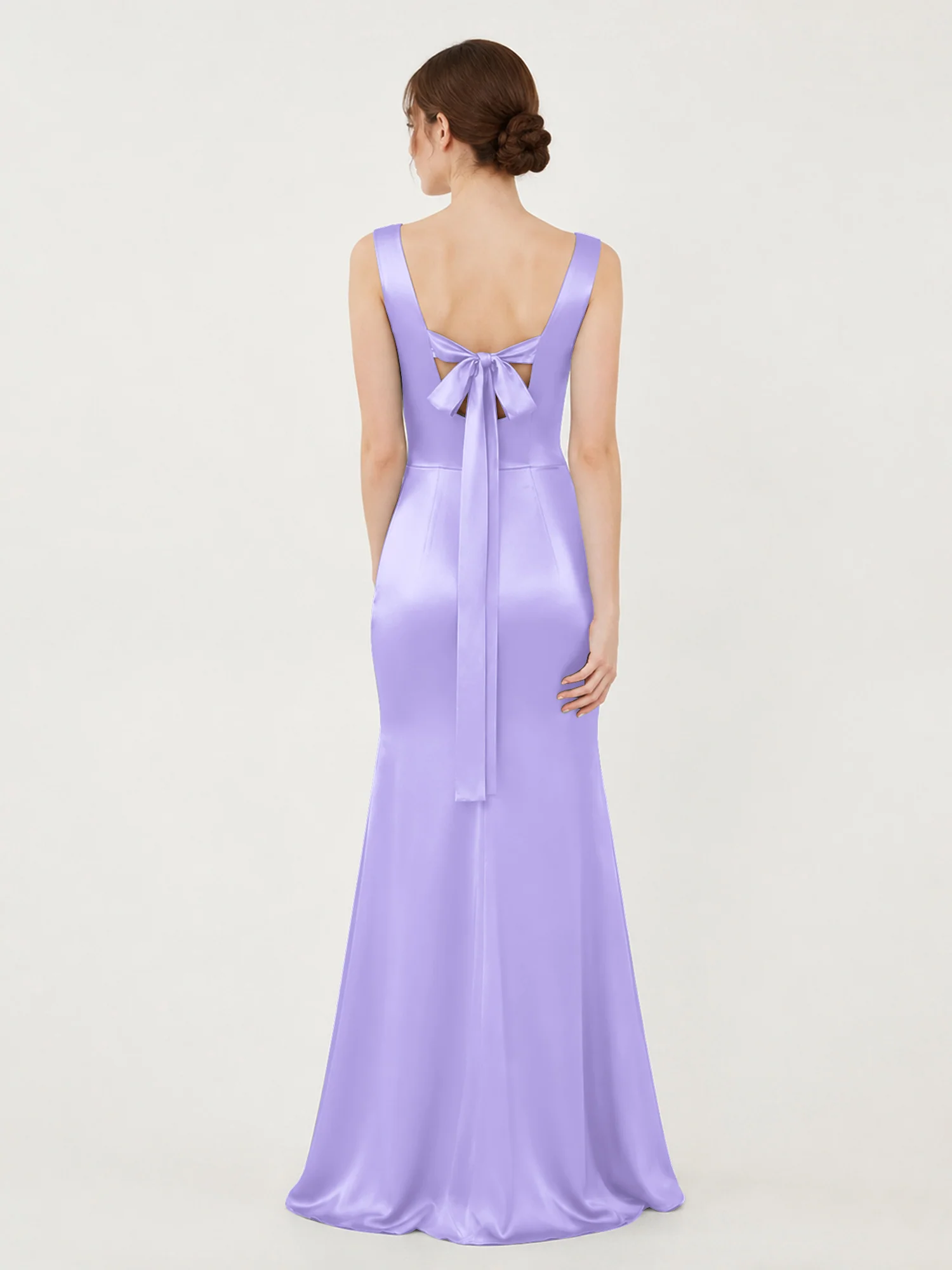 Square Neck Satin Mermaid Gown with Back Bow Detail Lilac - Image 2