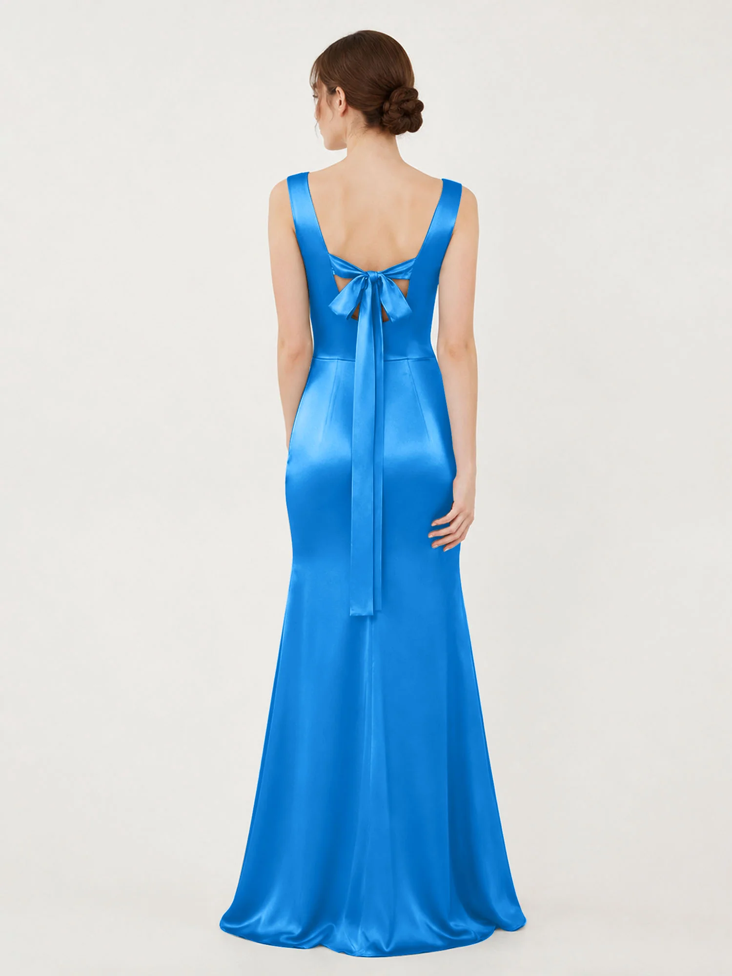 Square Neck Satin Mermaid Gown with Back Bow Detail Ocean Blue - Image 2