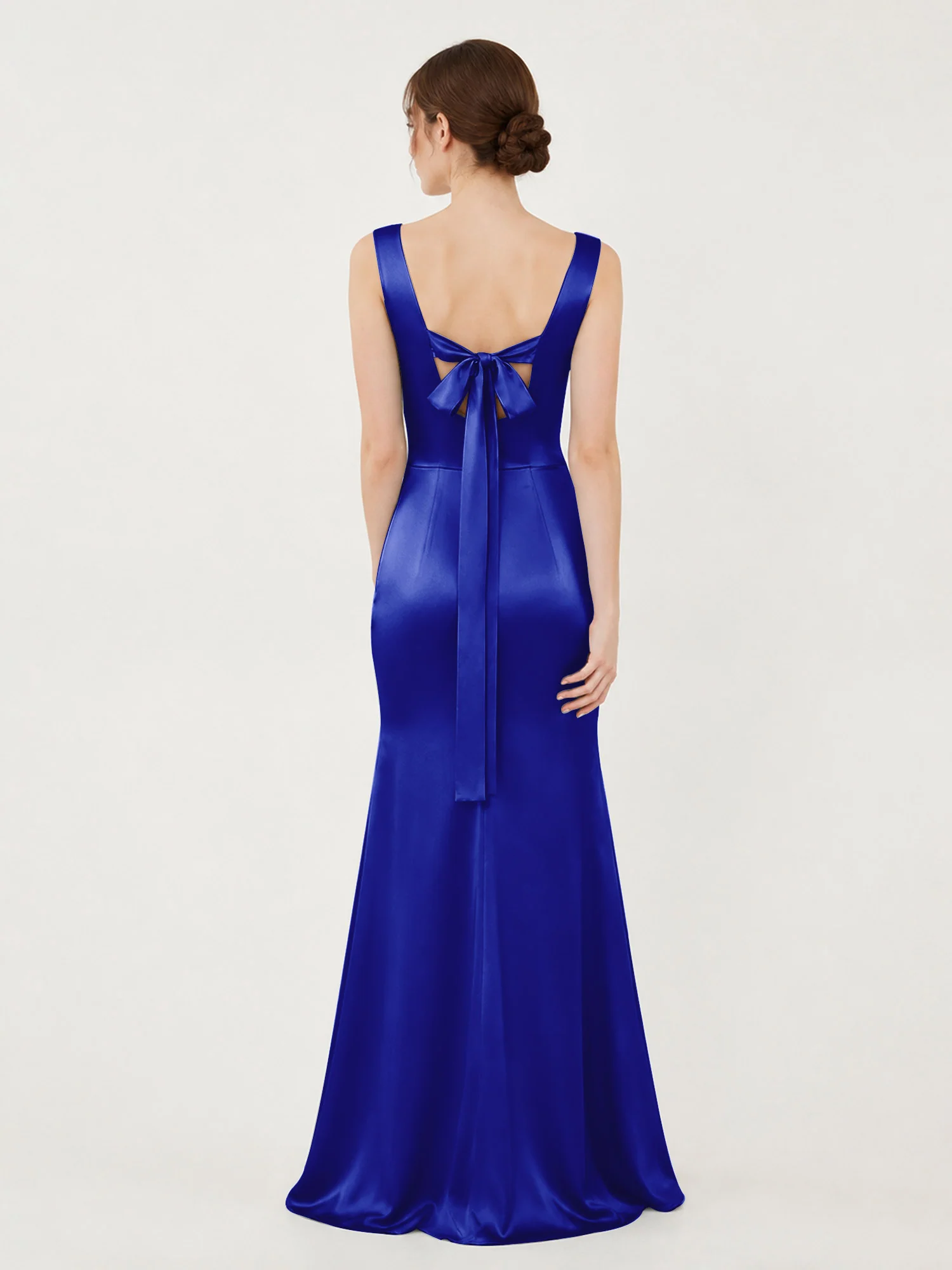 Square Neck Satin Mermaid Gown with Back Bow Detail Royal Blue - Image 2