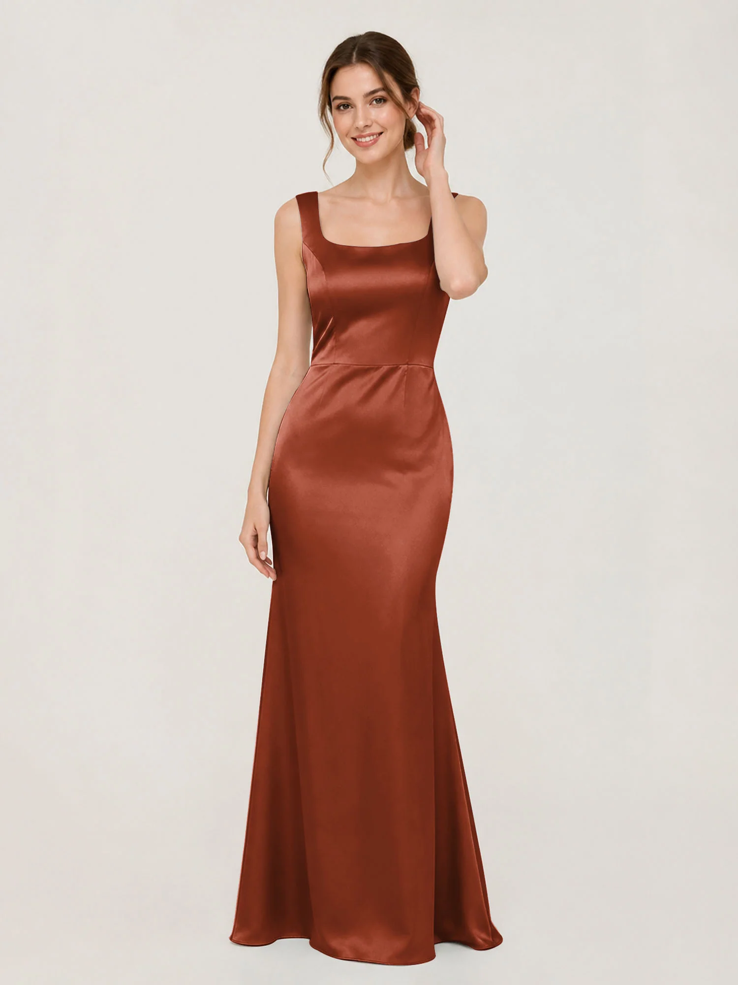 Square Neck Satin Mermaid Gown with Back Bow Detail Rust