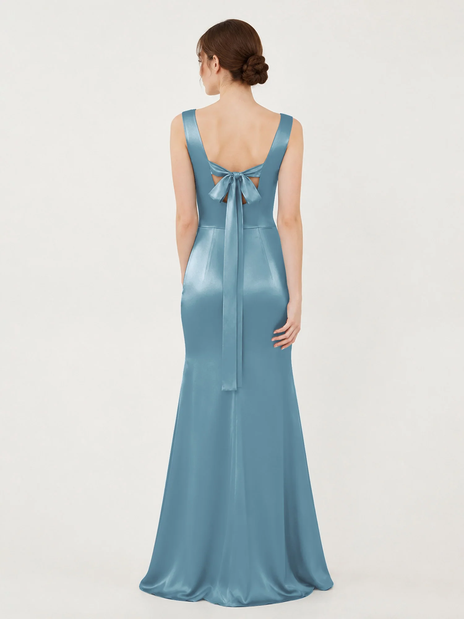 Square Neck Satin Mermaid Gown with Back Bow Detail Slate Blue - Image 2