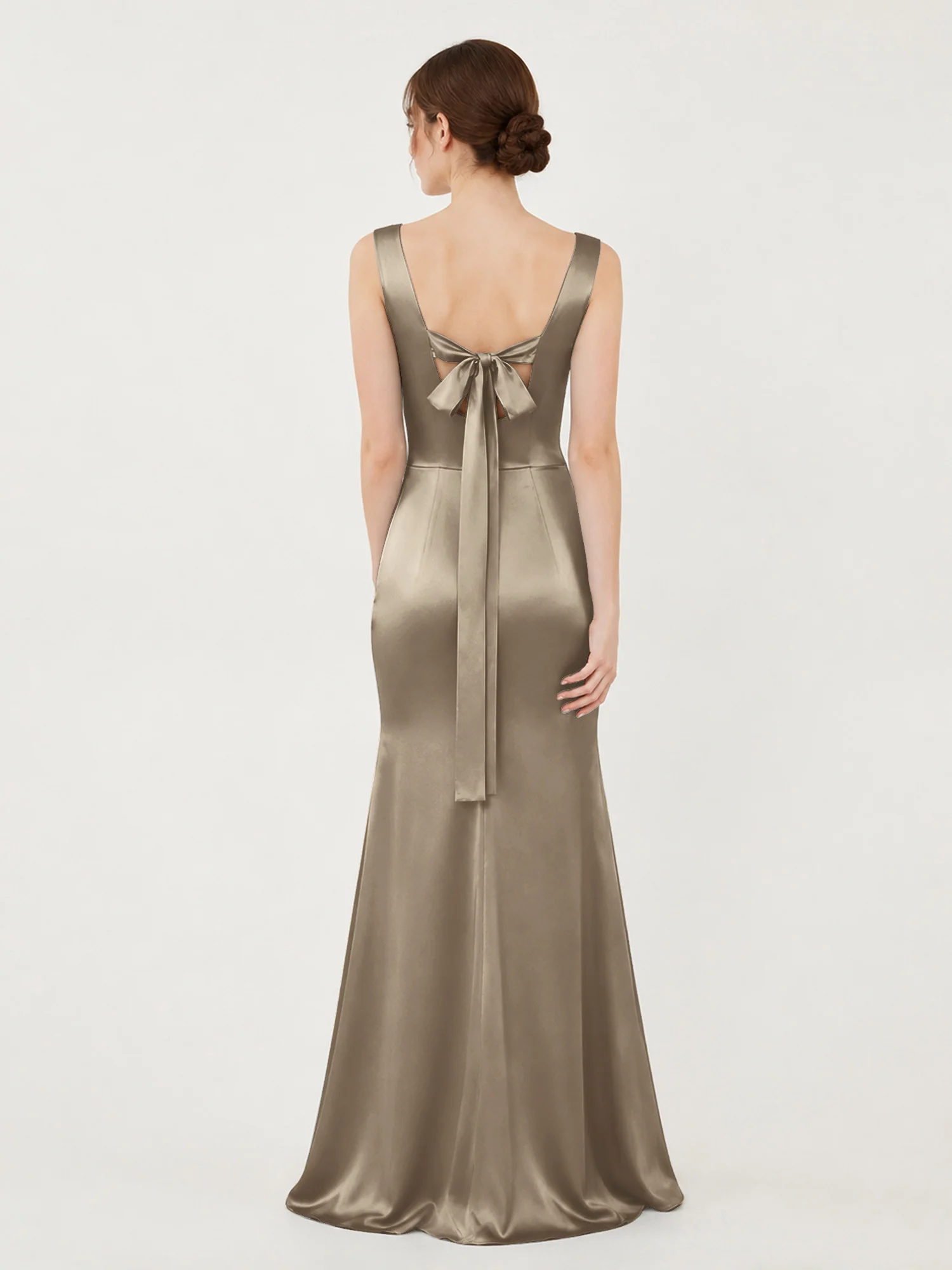 Square Neck Satin Mermaid Gown with Back Bow Detail Taupe - Image 2