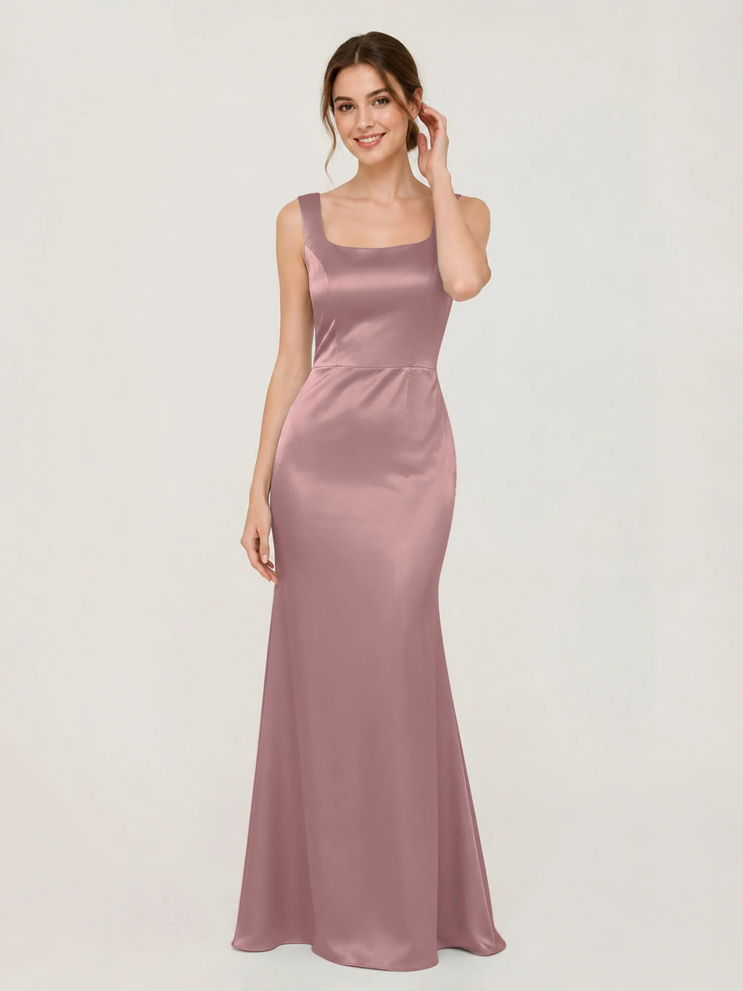 Square Neck Satin Mermaid Gown with Back Bow Detail Vintage Mauve