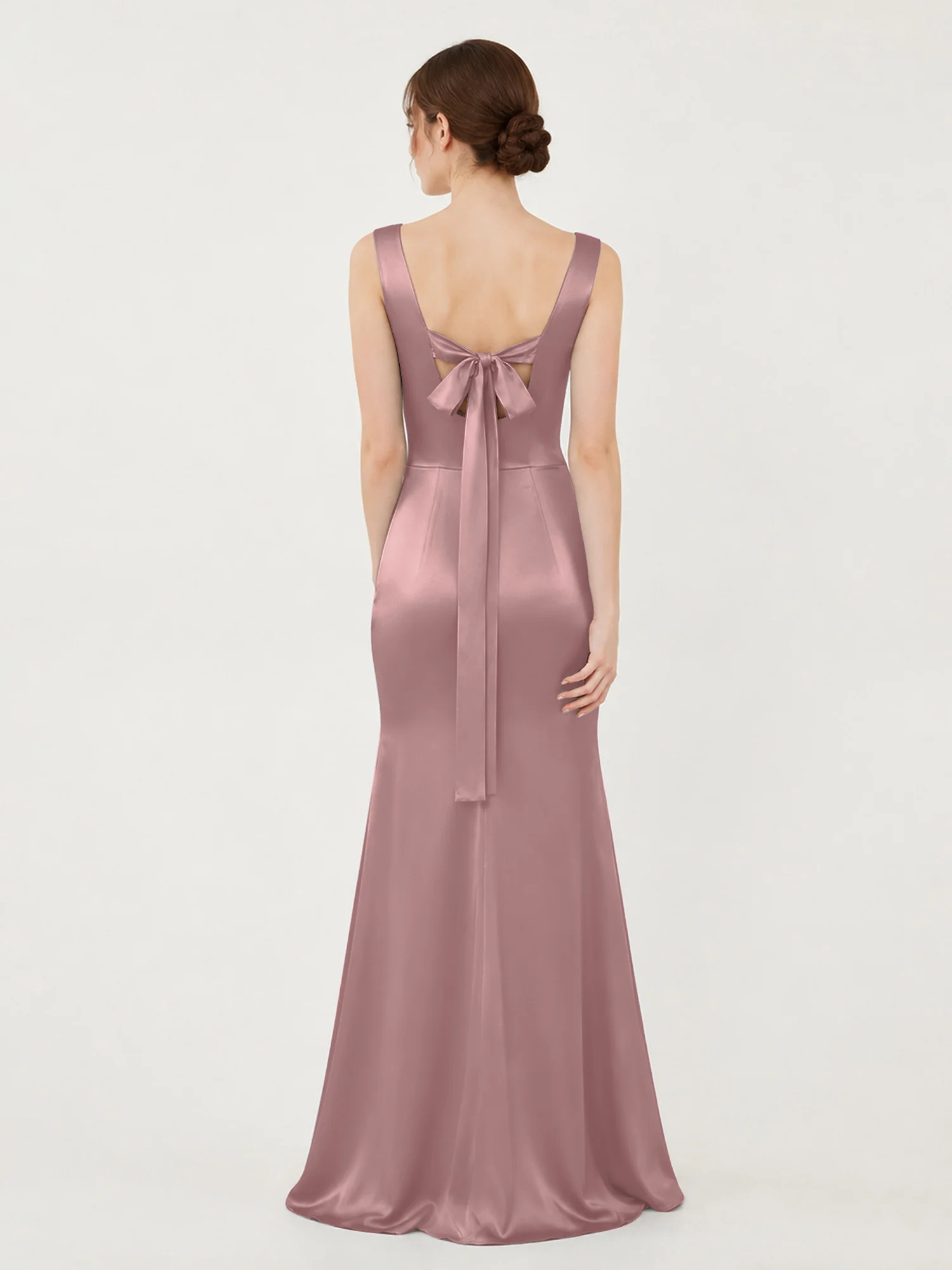 Square Neck Satin Mermaid Gown with Back Bow Detail Vintage Mauve - Image 2