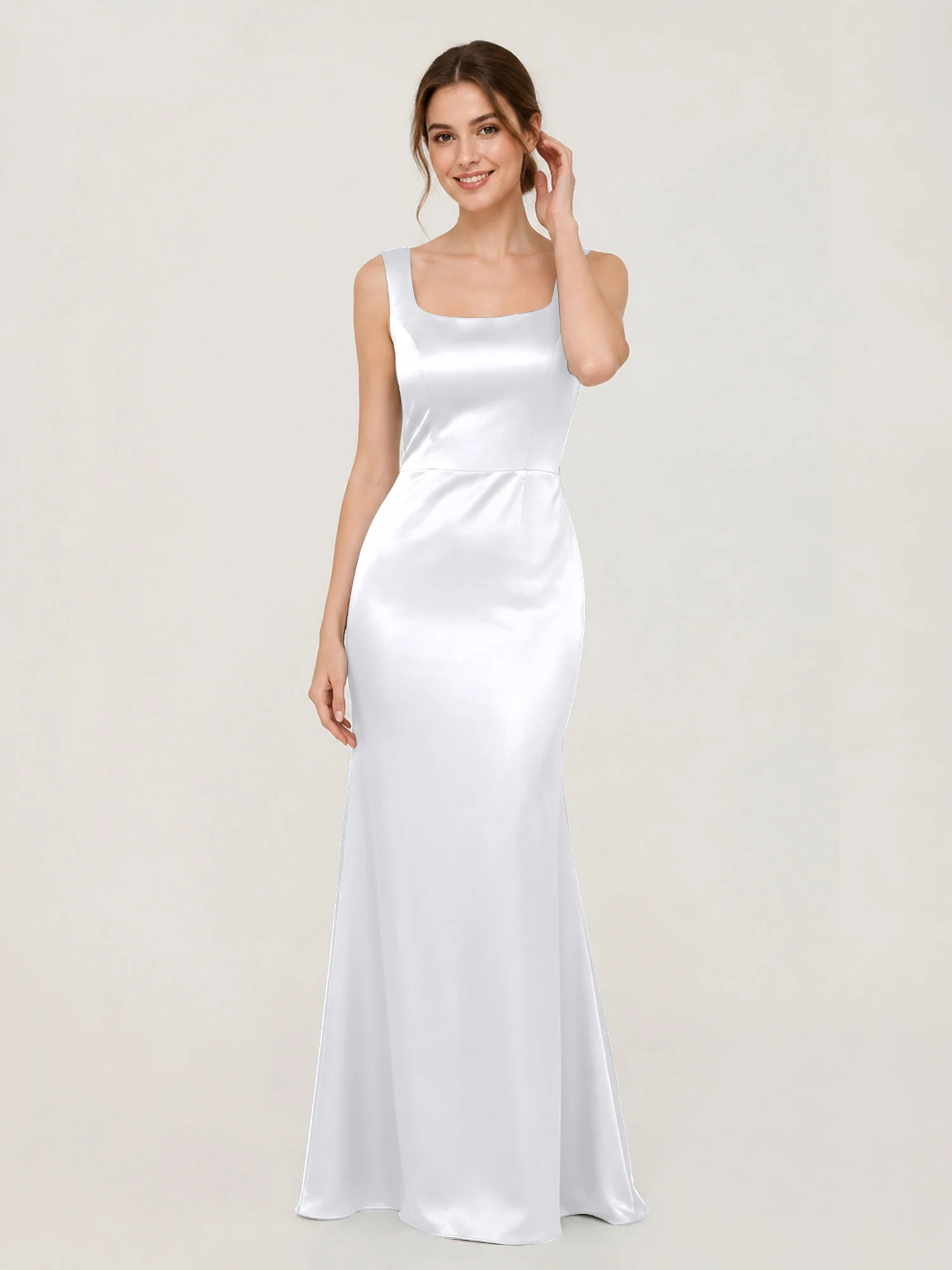 Square Neck Satin Mermaid Gown with Back Bow Detail White