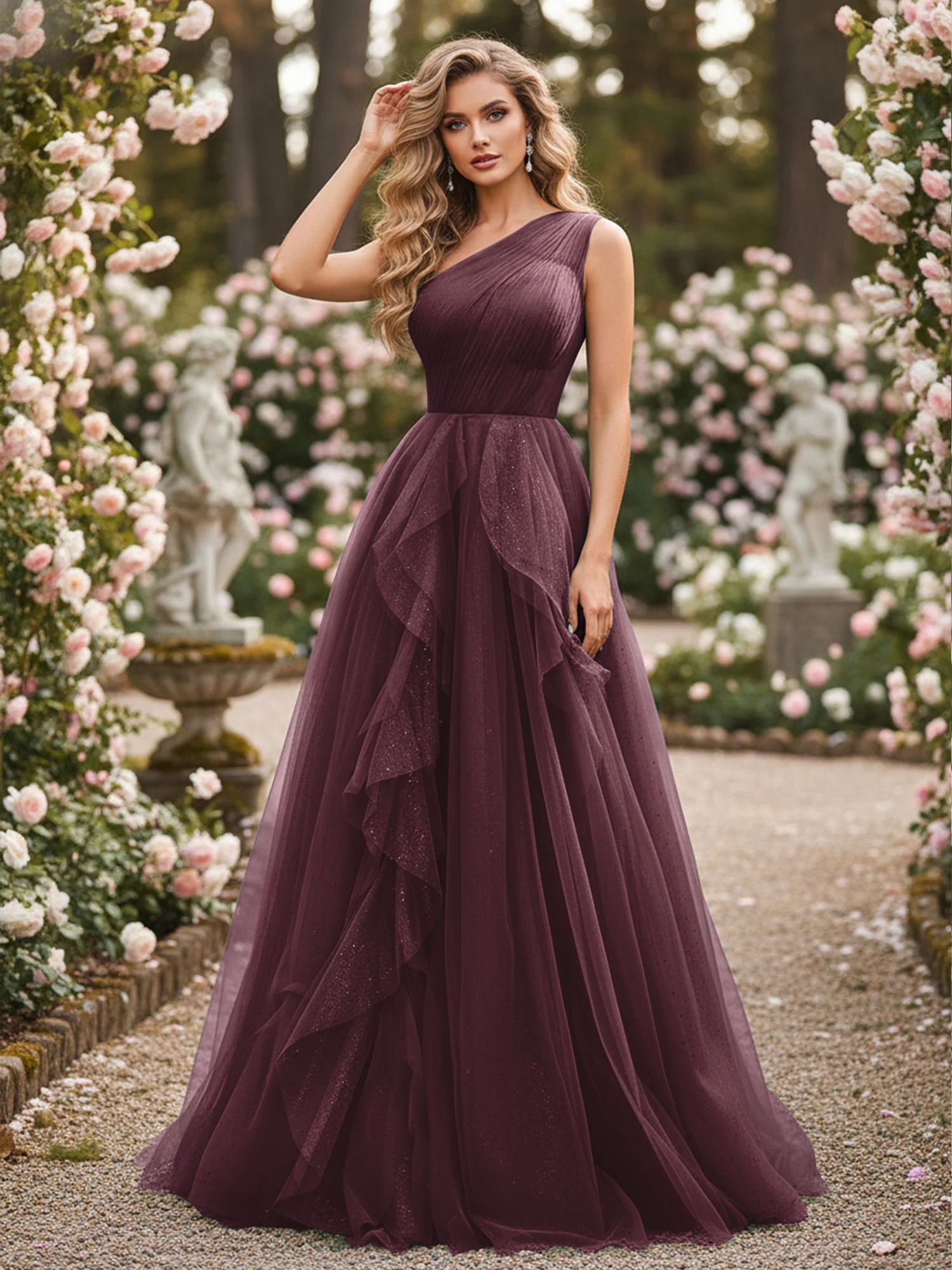 Sparkling Tulle A-Line Gown with Cascading Ruffles Cabernet