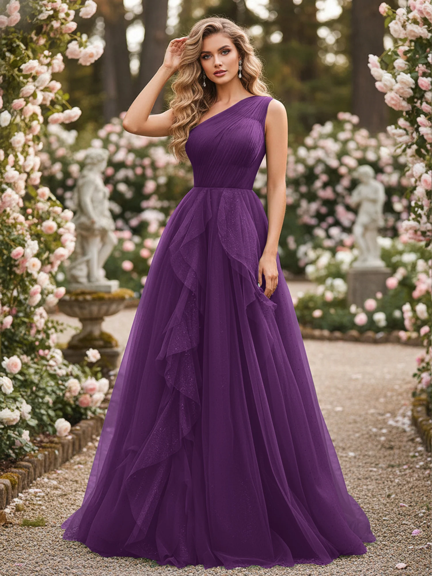 Sparkling Tulle A-Line Gown with Cascading Ruffles Grape