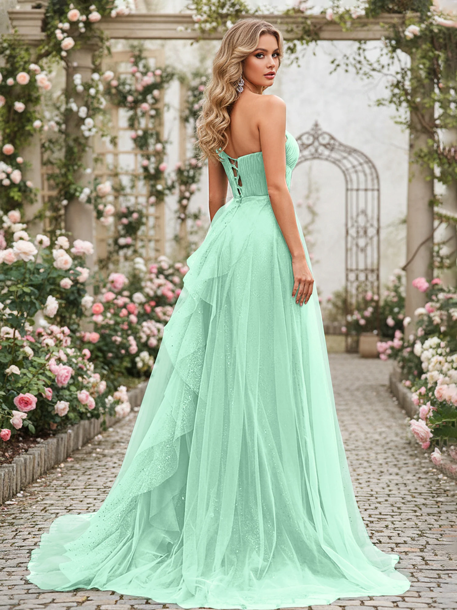 Sparkling Tulle A-Line Gown with Cascading Ruffles Mint Green - Image 2