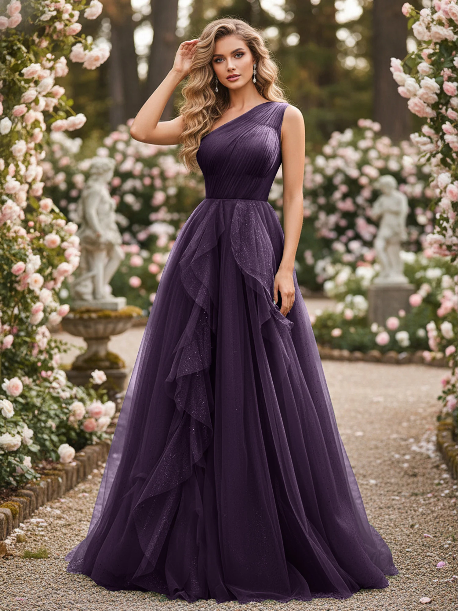 Sparkling Tulle A-Line Gown with Cascading Ruffles Plum