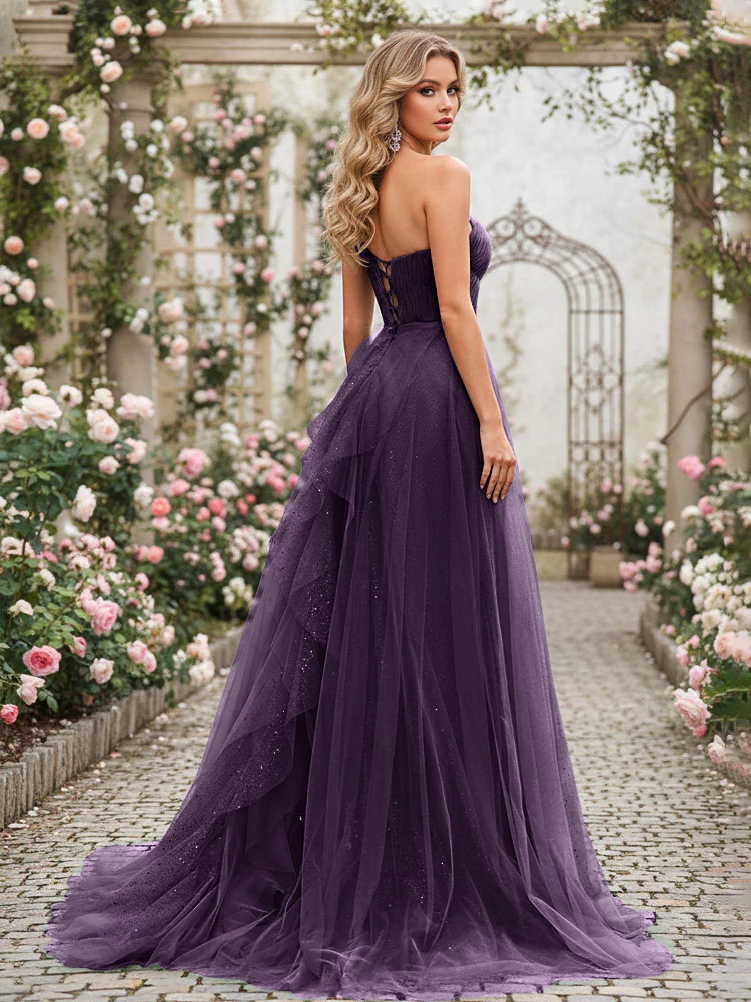 Sparkling Tulle A-Line Gown with Cascading Ruffles Plum - Image 2