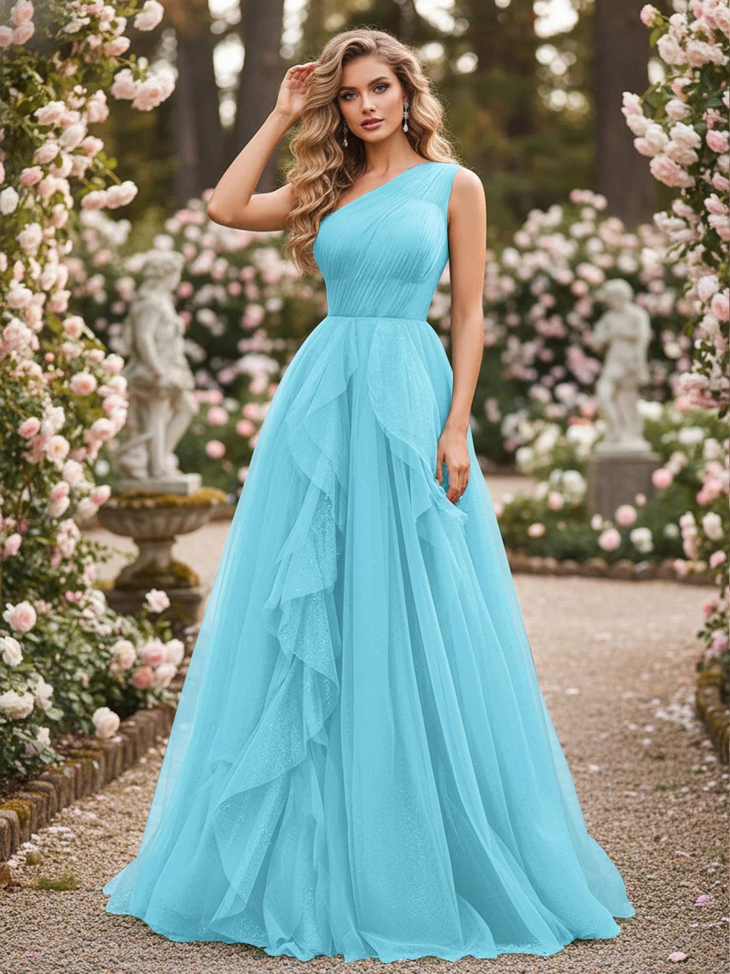 Sparkling Tulle A-Line Gown with Cascading Ruffles Pool
