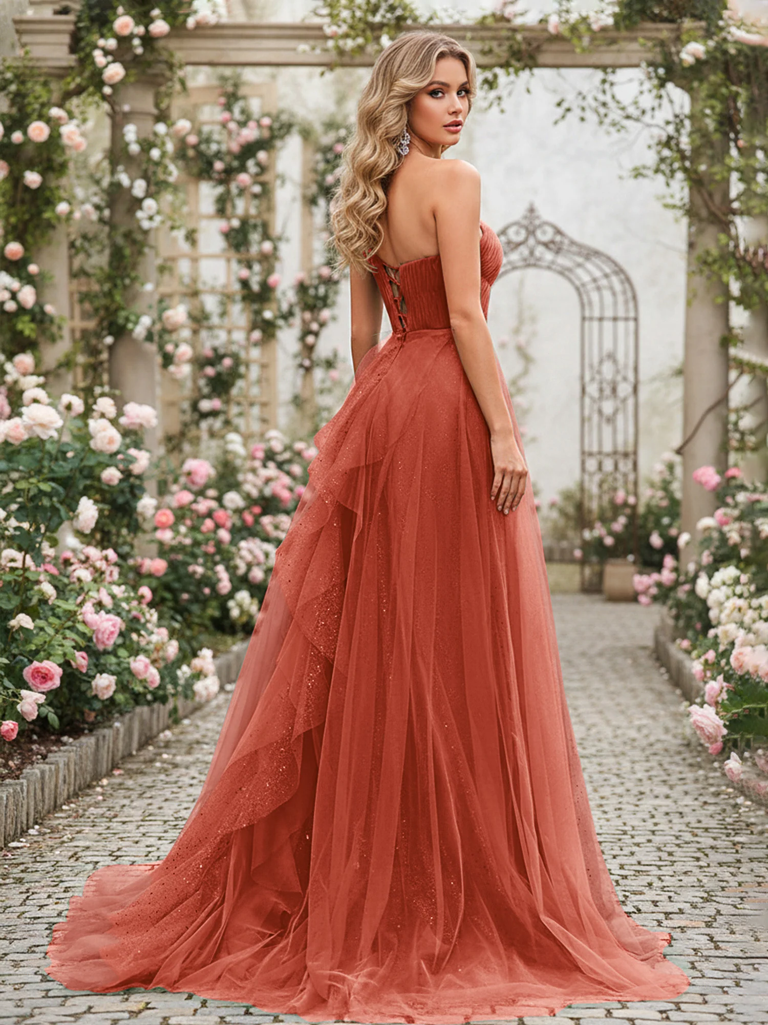 Sparkling Tulle A-Line Gown with Cascading Ruffles Rust - Image 2
