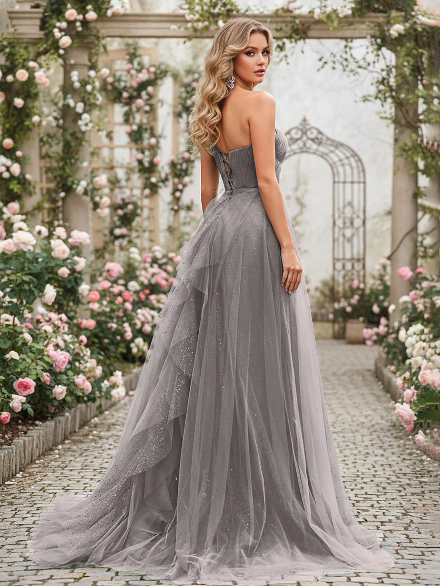 Sparkling Tulle A-Line Gown with Cascading Ruffles Steel Grey - Image 2