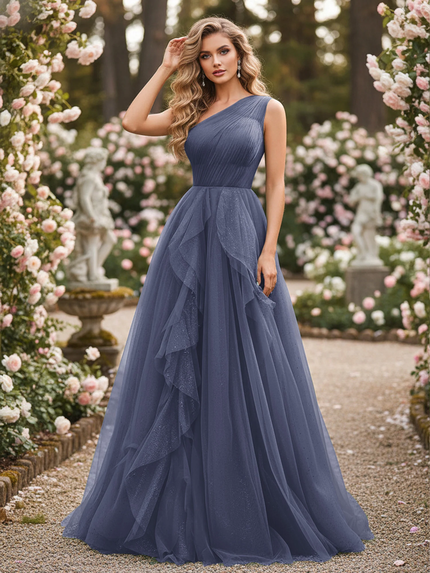 Sparkling Tulle A-Line Gown with Cascading Ruffles Stormy