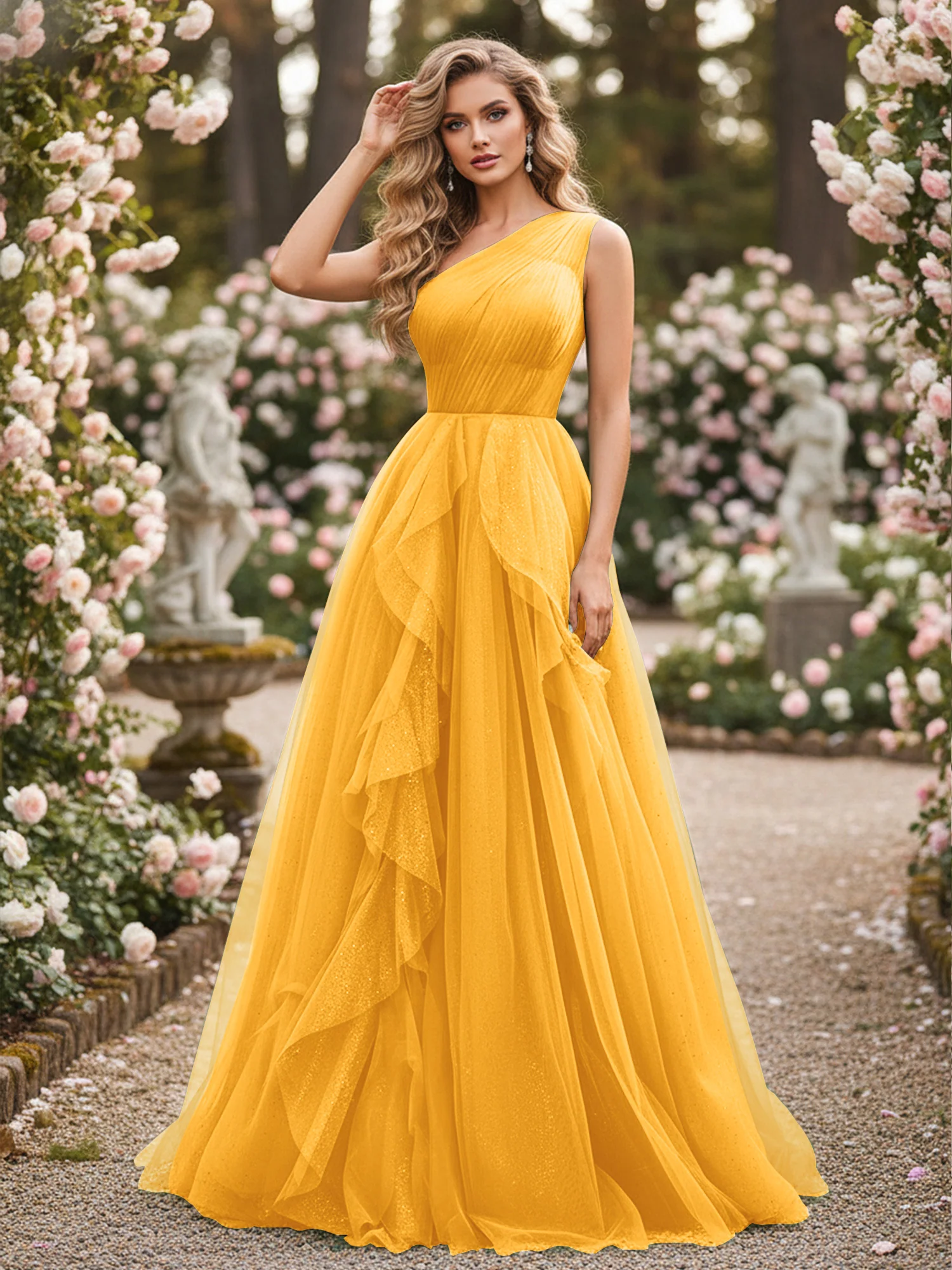 Sparkling Tulle A-Line Gown with Cascading Ruffles Tangerine
