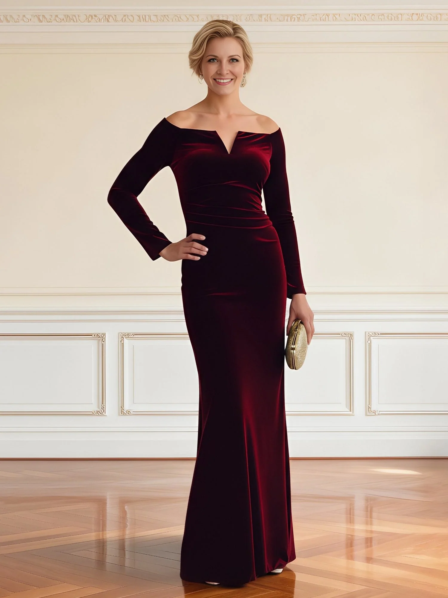Off-Shoulder V-Cut Long Sleeve Velvet Gown Rust