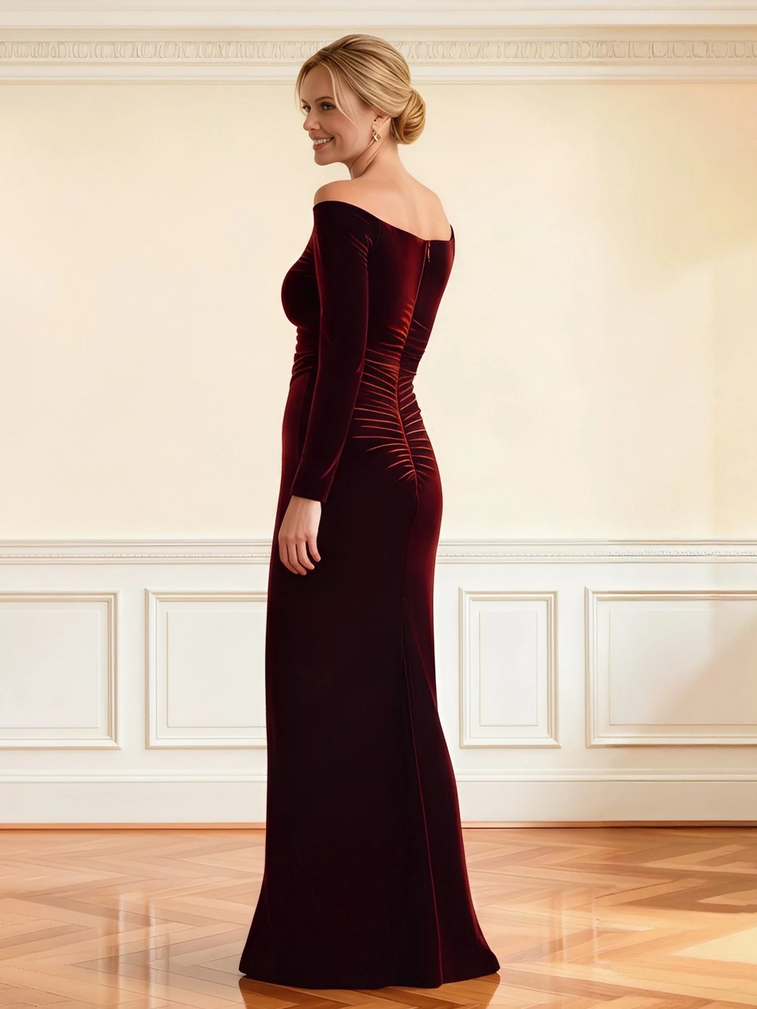 Off-Shoulder V-Cut Long Sleeve Velvet Gown Sky Blue - Image 2