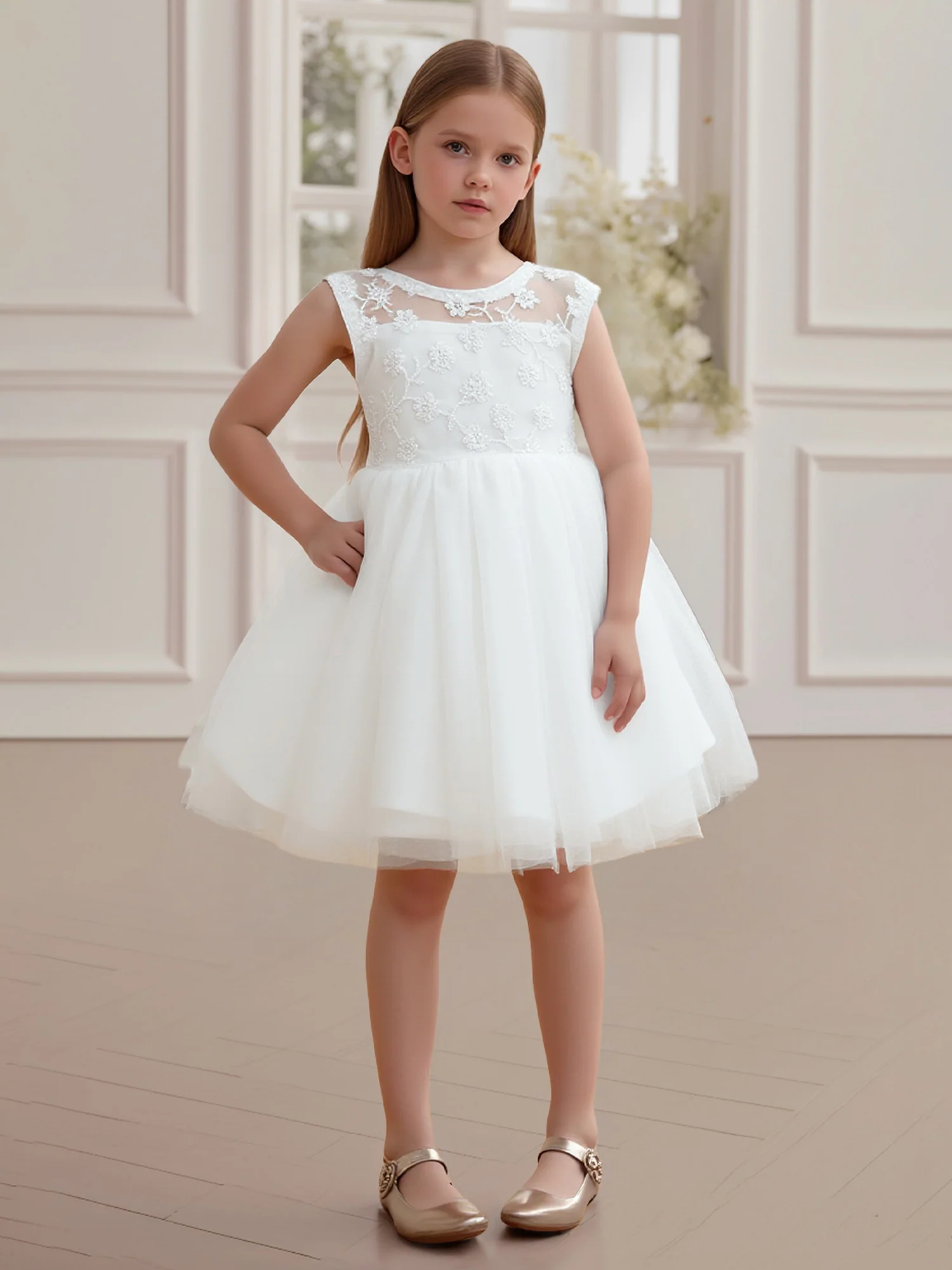 Lace Back Big Bow Tulle Skirt Party Flower Girl Dress White