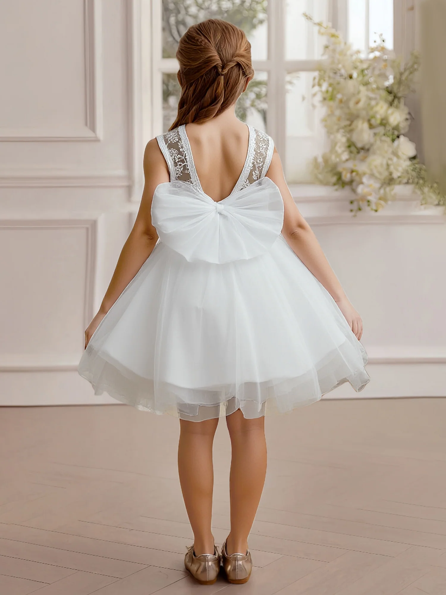 Lace Back Big Bow Tulle Skirt Party Flower Girl Dress White - Image 2
