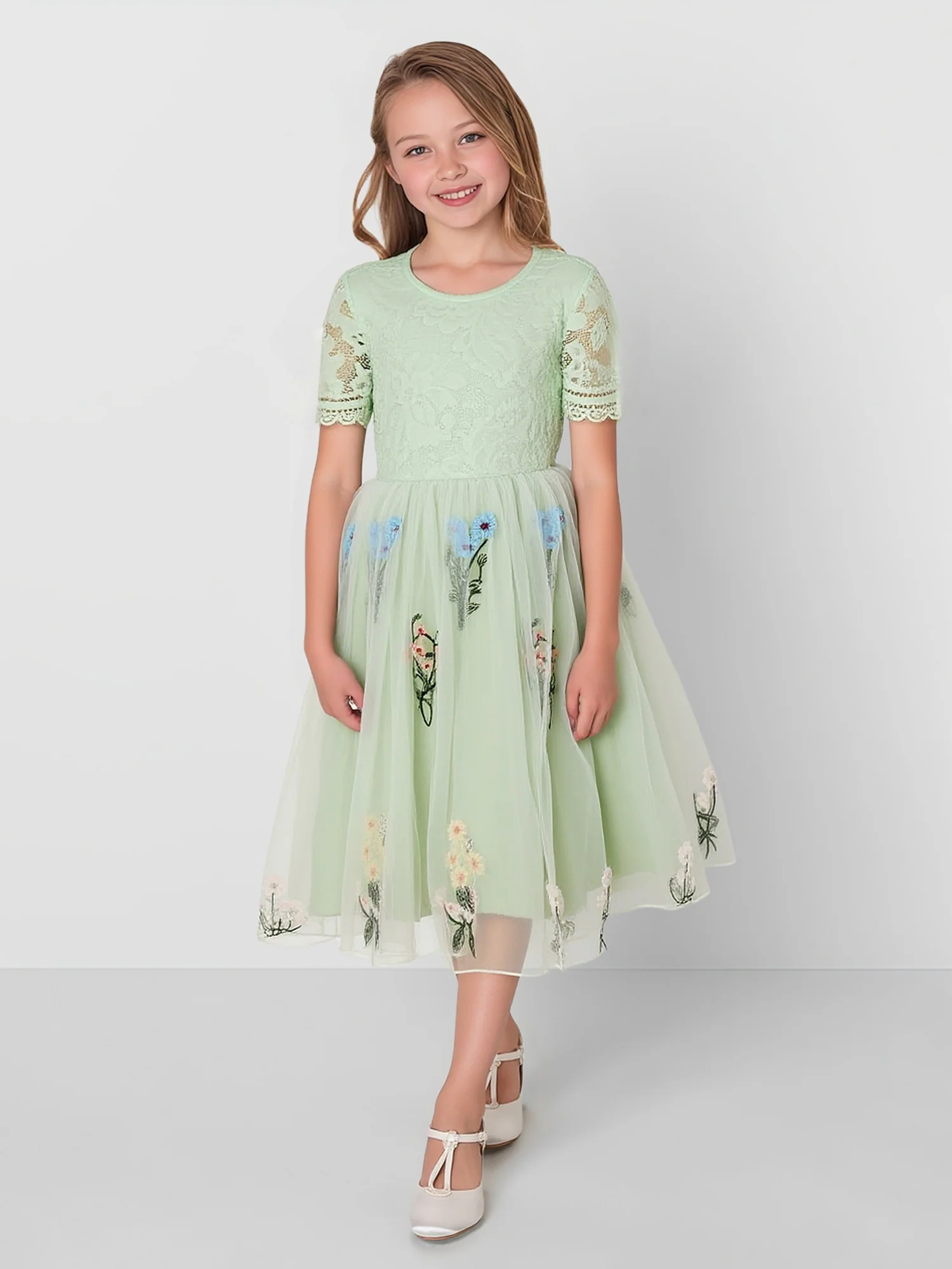 Lace Sleeve V-Back Embroidered Tulle Flower Girl Dress Dusty Sage
