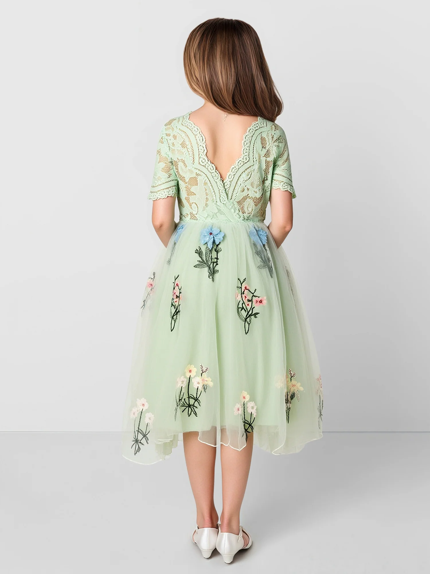 Lace Sleeve V-Back Embroidered Tulle Flower Girl Dress Dusty Sage - Image 2