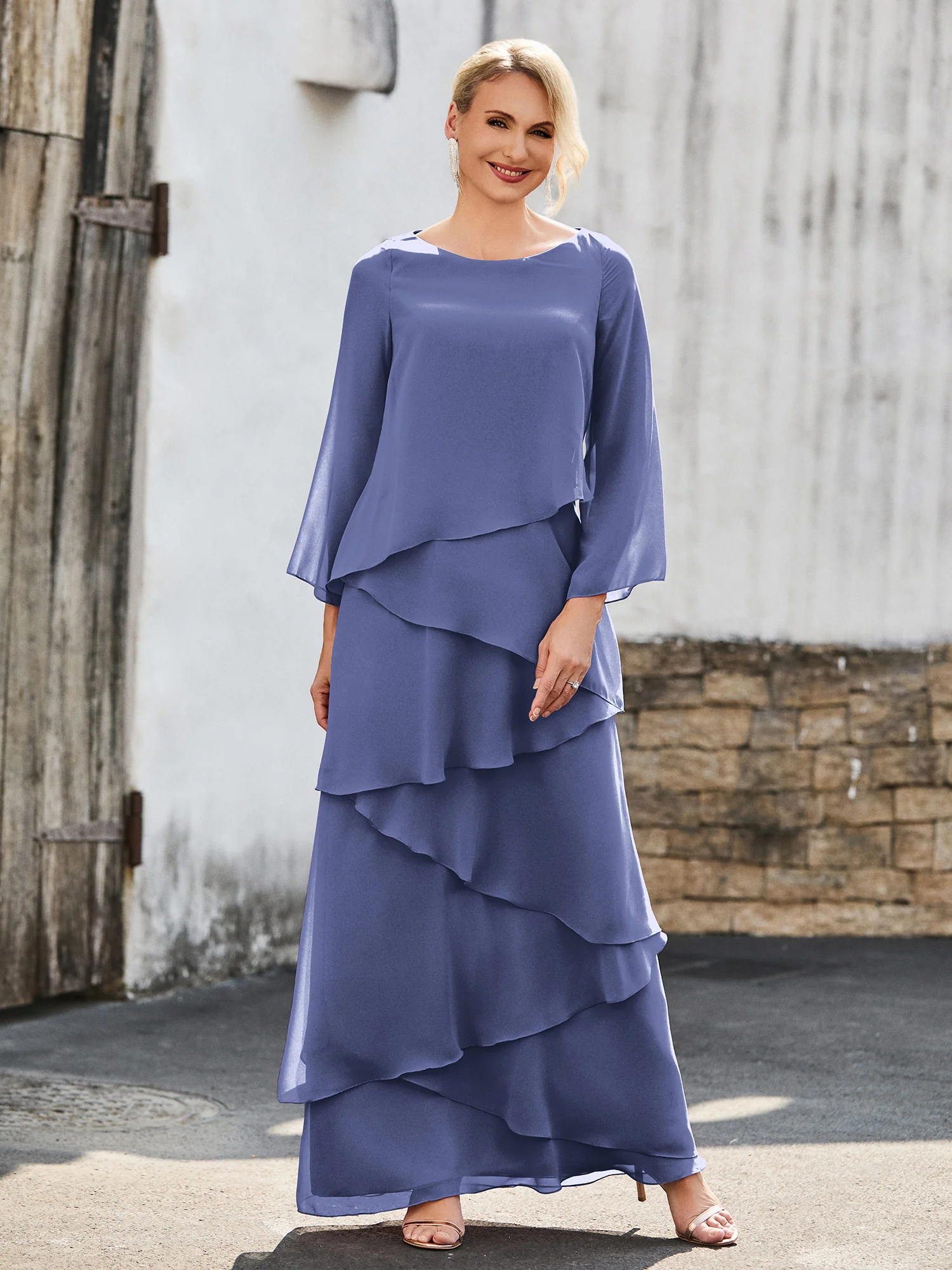 Long Sleeve Chiffon Dress with Cascading Ruffles Periwinkle