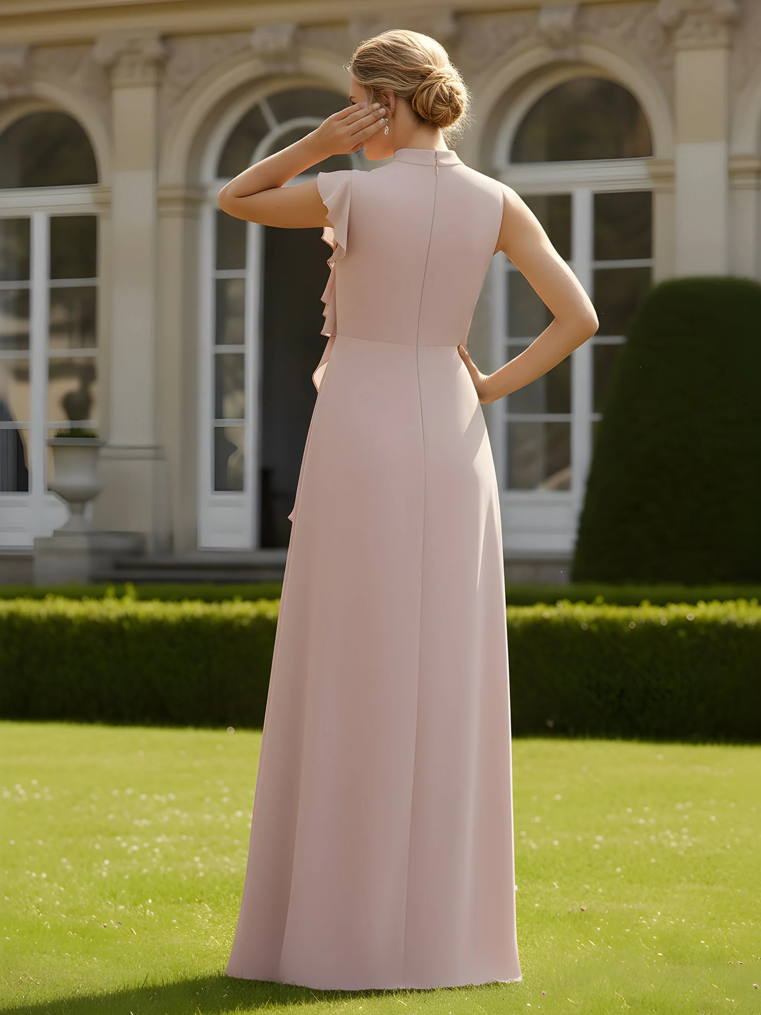 High Neck Pleated A-Line Ruffle Gown Marigold - Image 2
