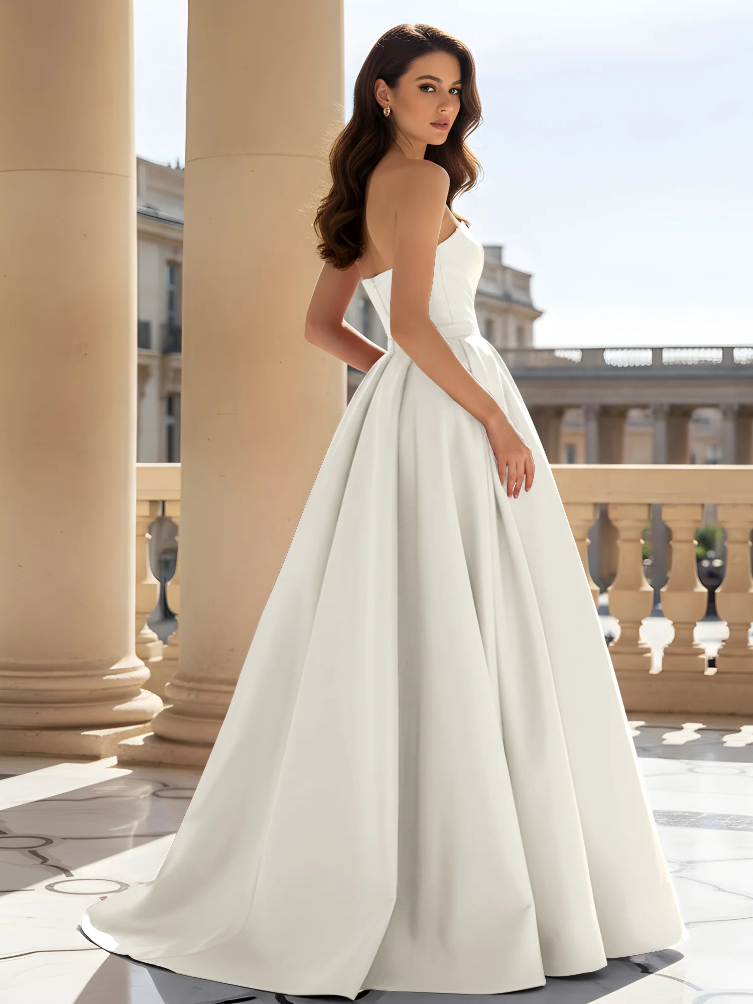 Strapless Structured Satin Ball Gown with Belt Detail Ivory - Image 2
