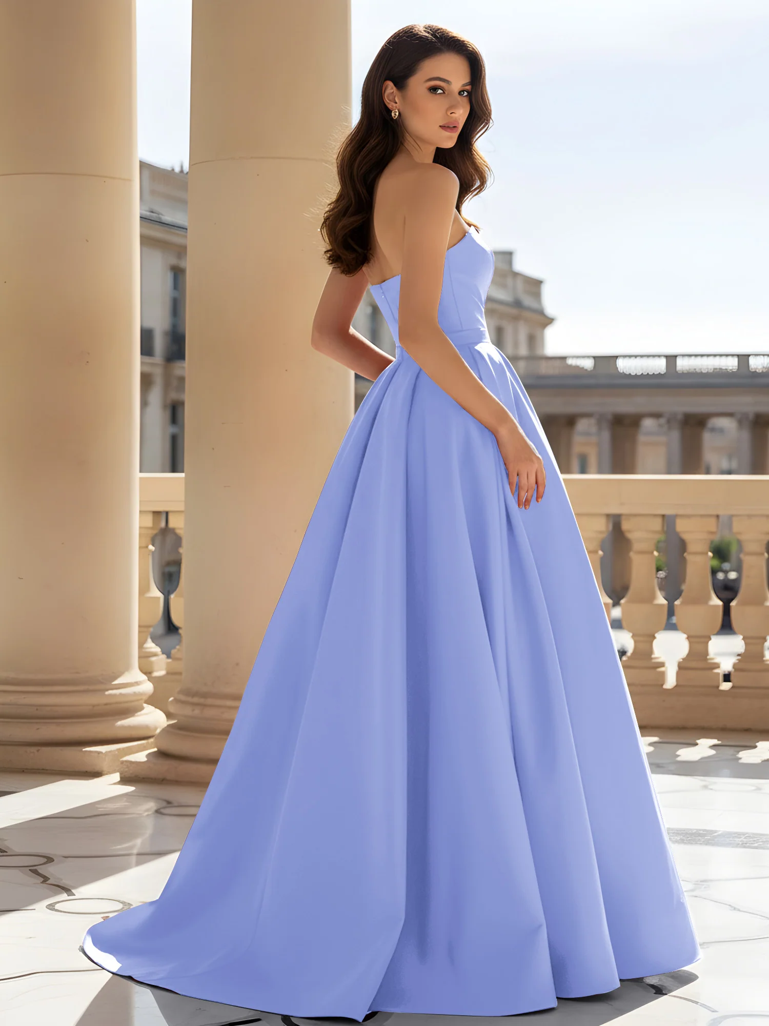 Strapless Structured Satin Ball Gown with Belt Detail Lavender - Image 2