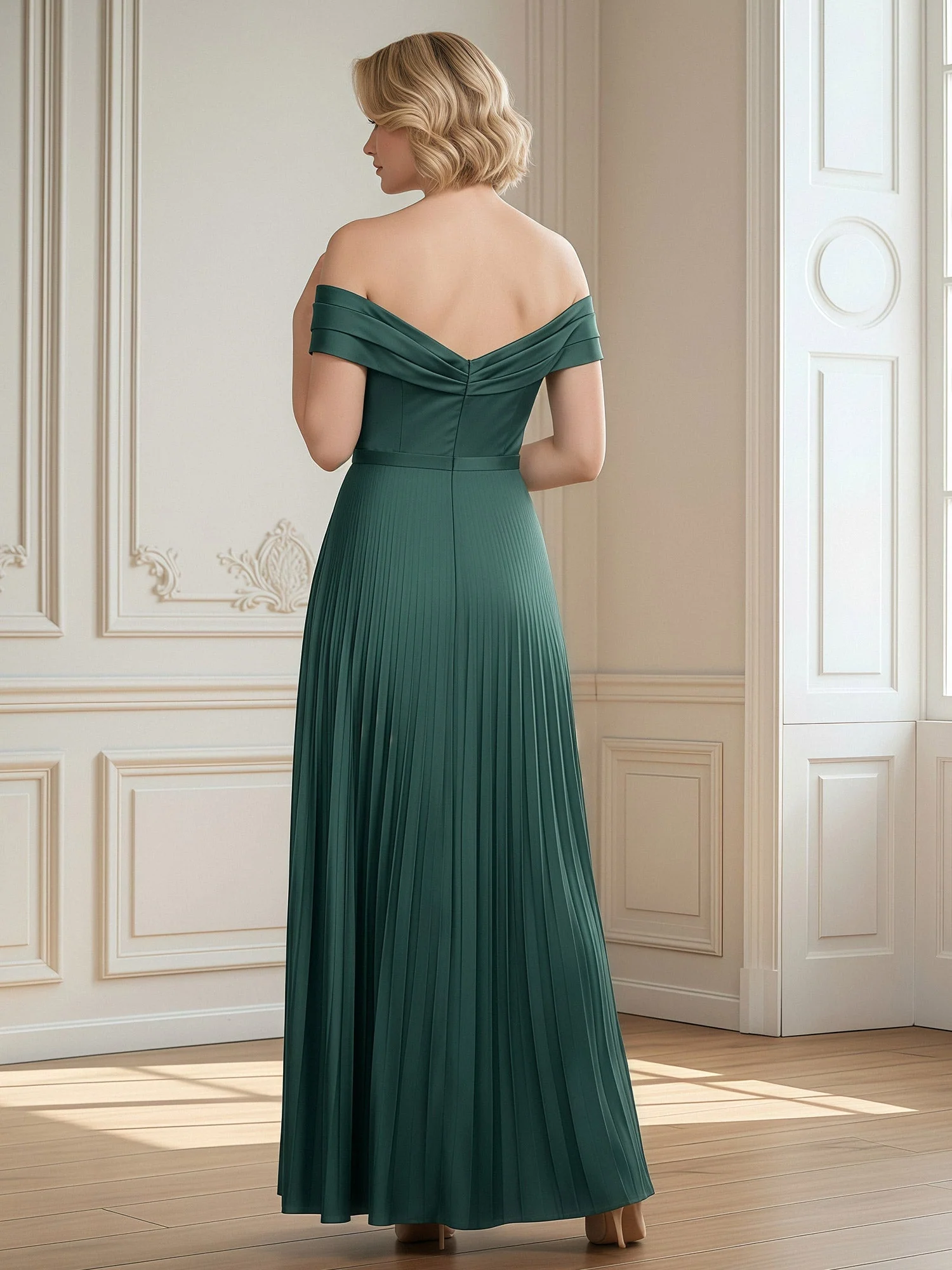 Off-Shoulder Pleated Skirt A-Line Formal Gown Ink Blue - Image 2