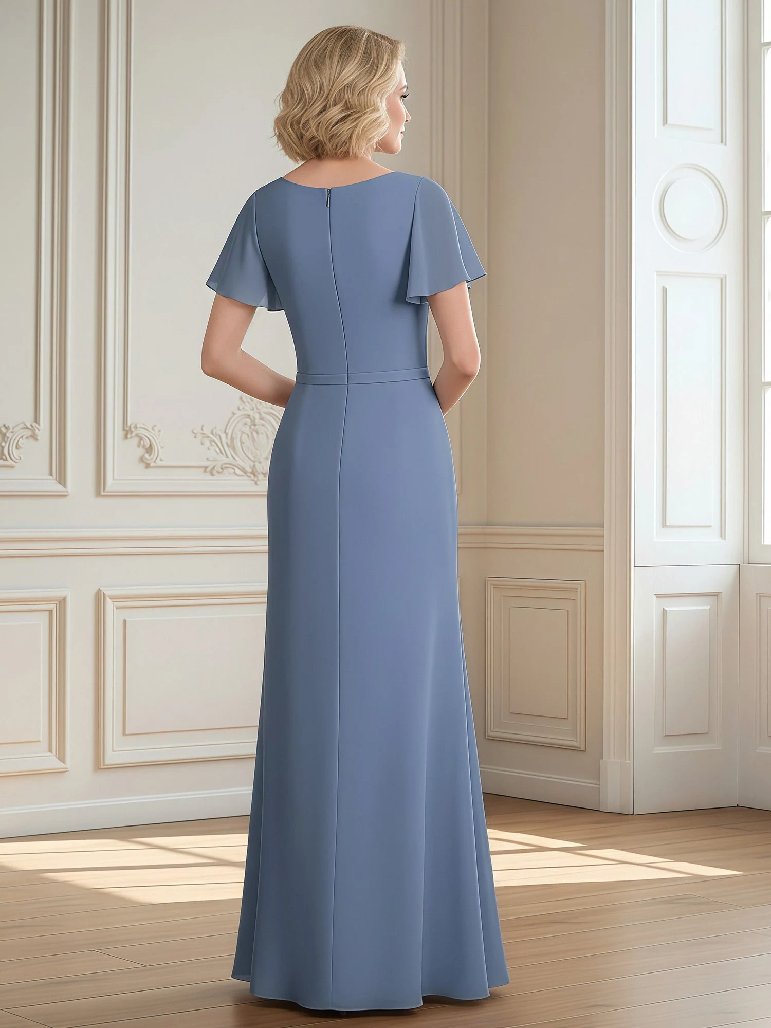 Formal Dress with Butterfly Sleeves and Fitted Waist Lavender - Image 2