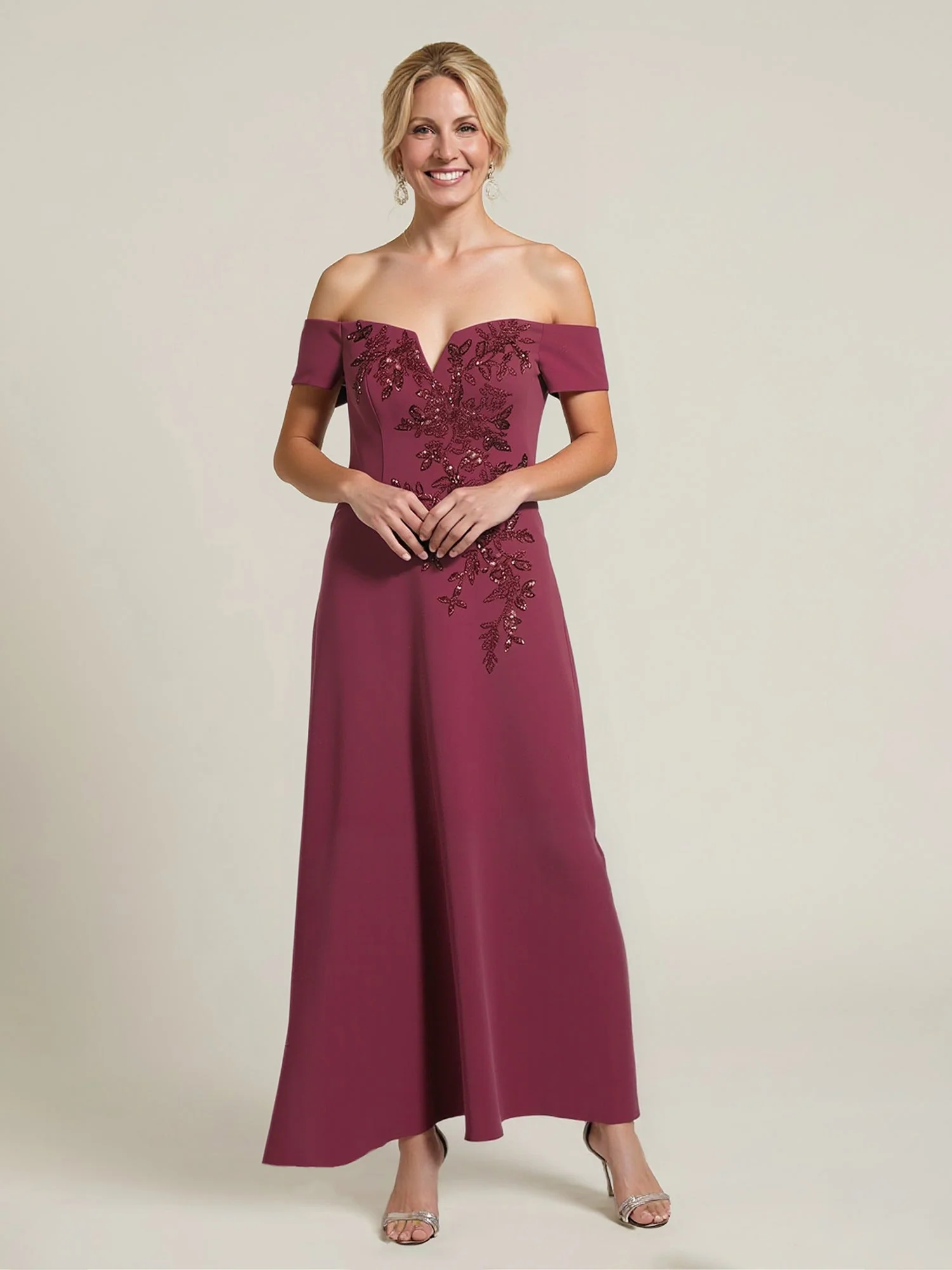 Off-Shoulder Beaded Embroidery A-Line Gown Steel Grey