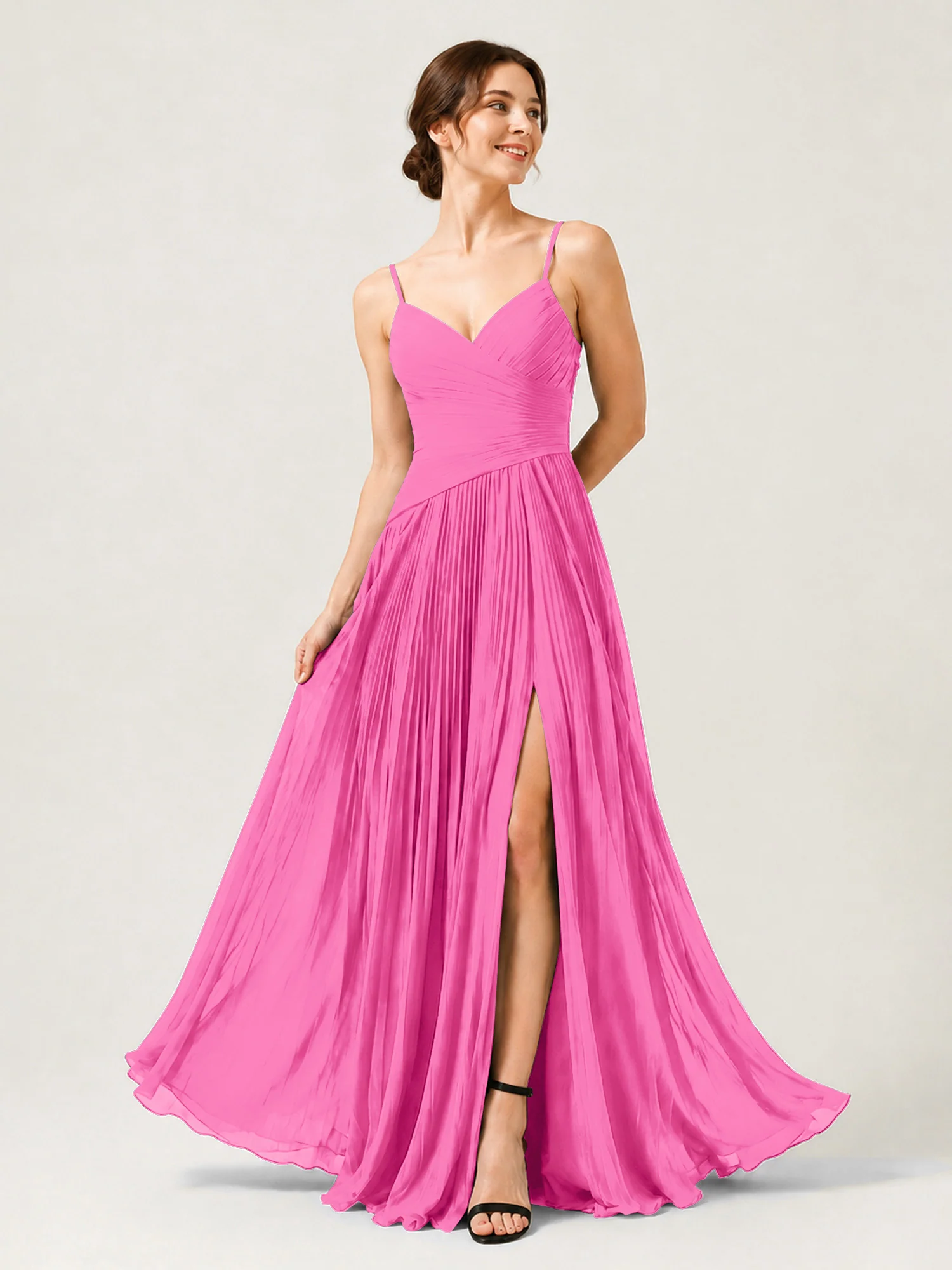 Pleated Chiffon Cami Gown with Surplice Ruched Bodice Azalea