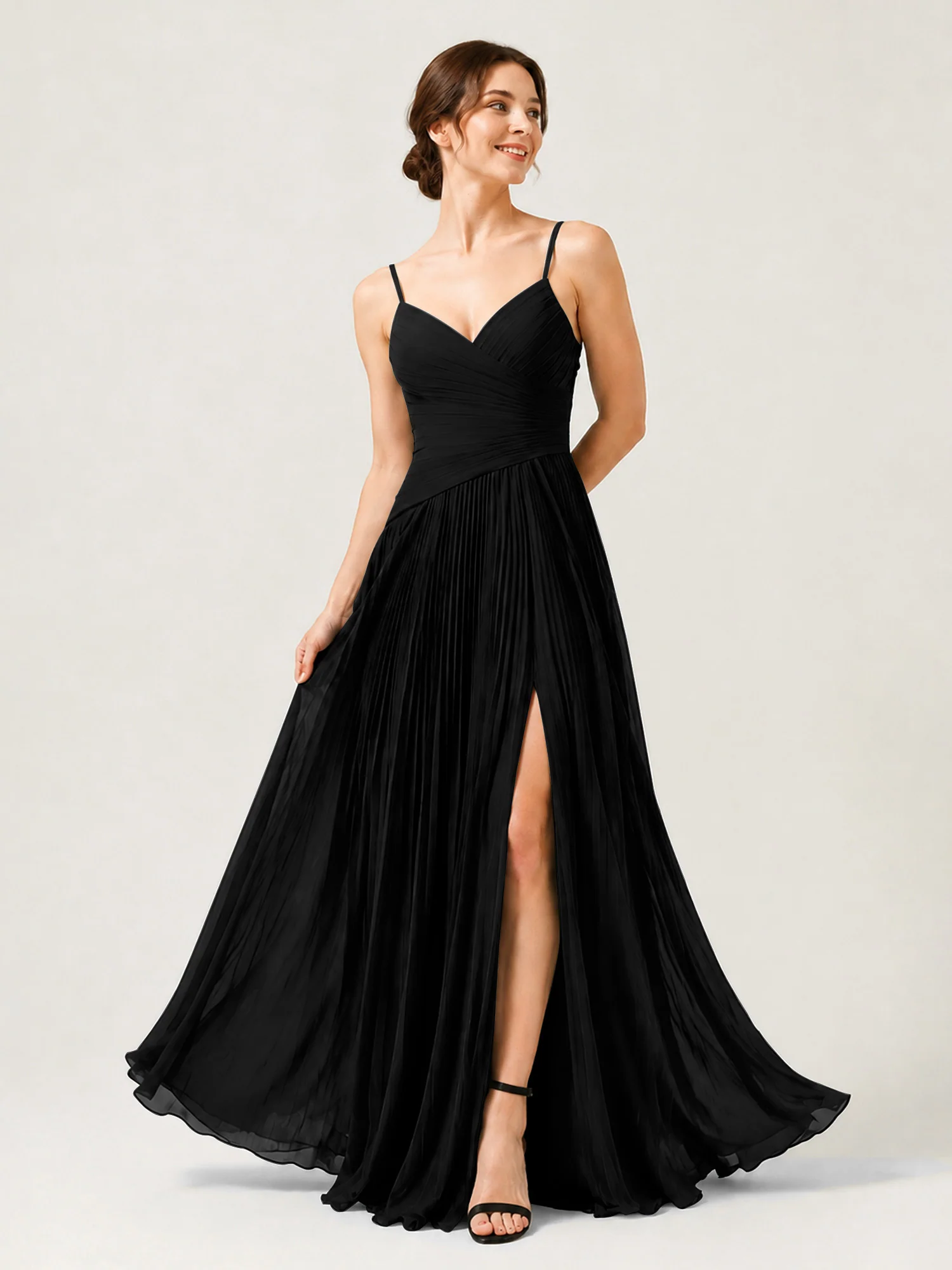 Pleated Chiffon Cami Gown with Surplice Ruched Bodice Black
