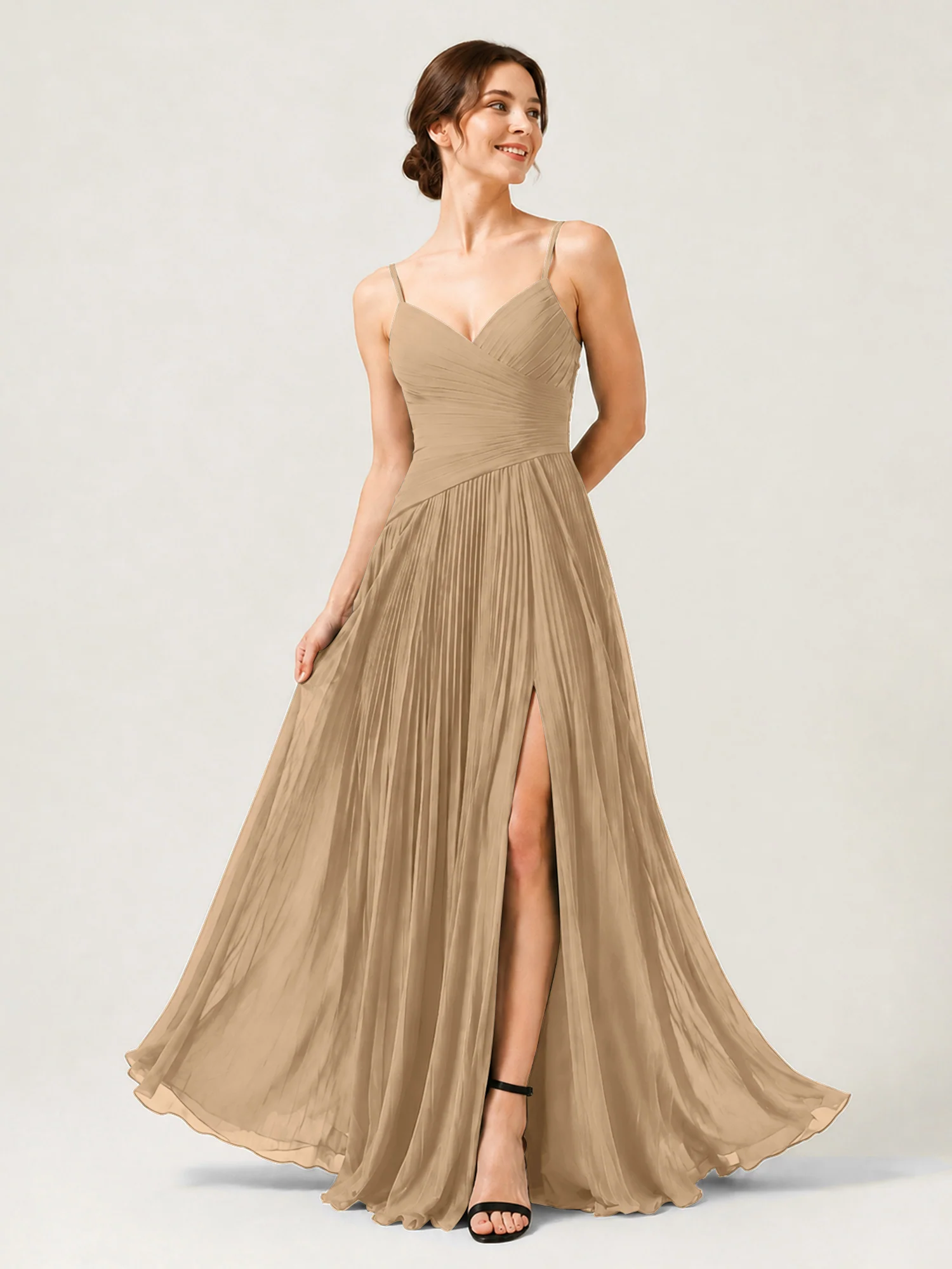 Pleated Chiffon Cami Gown with Surplice Ruched Bodice Champagne