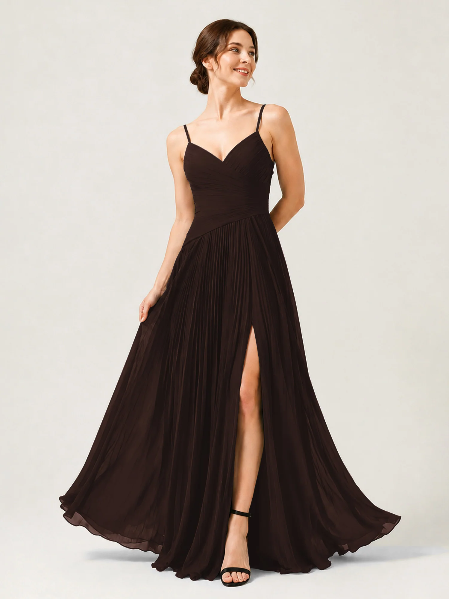 Pleated Chiffon Cami Gown with Surplice Ruched Bodice Chocolate