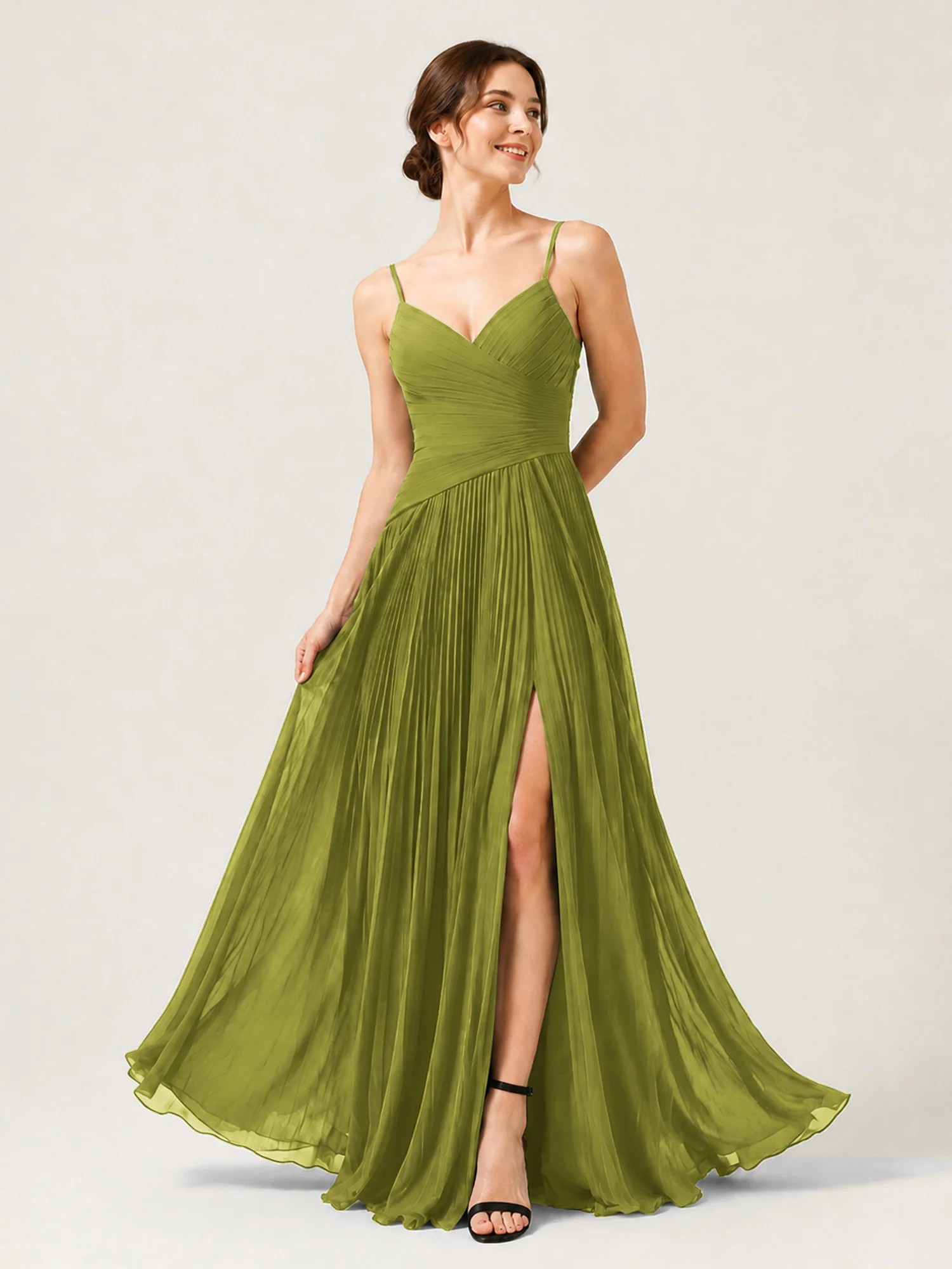 Pleated Chiffon Cami Gown with Surplice Ruched Bodice Clover