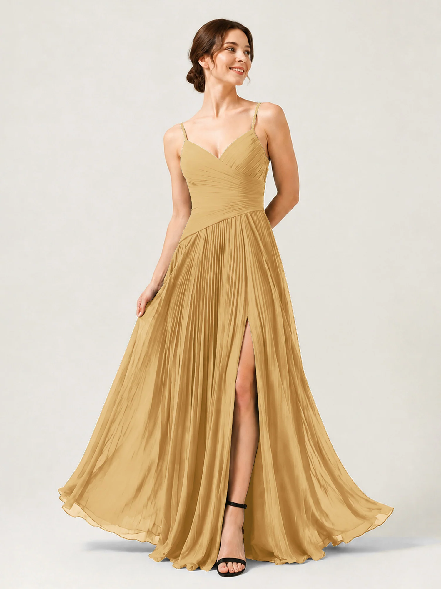 Pleated Chiffon Cami Gown with Surplice Ruched Bodice Gold