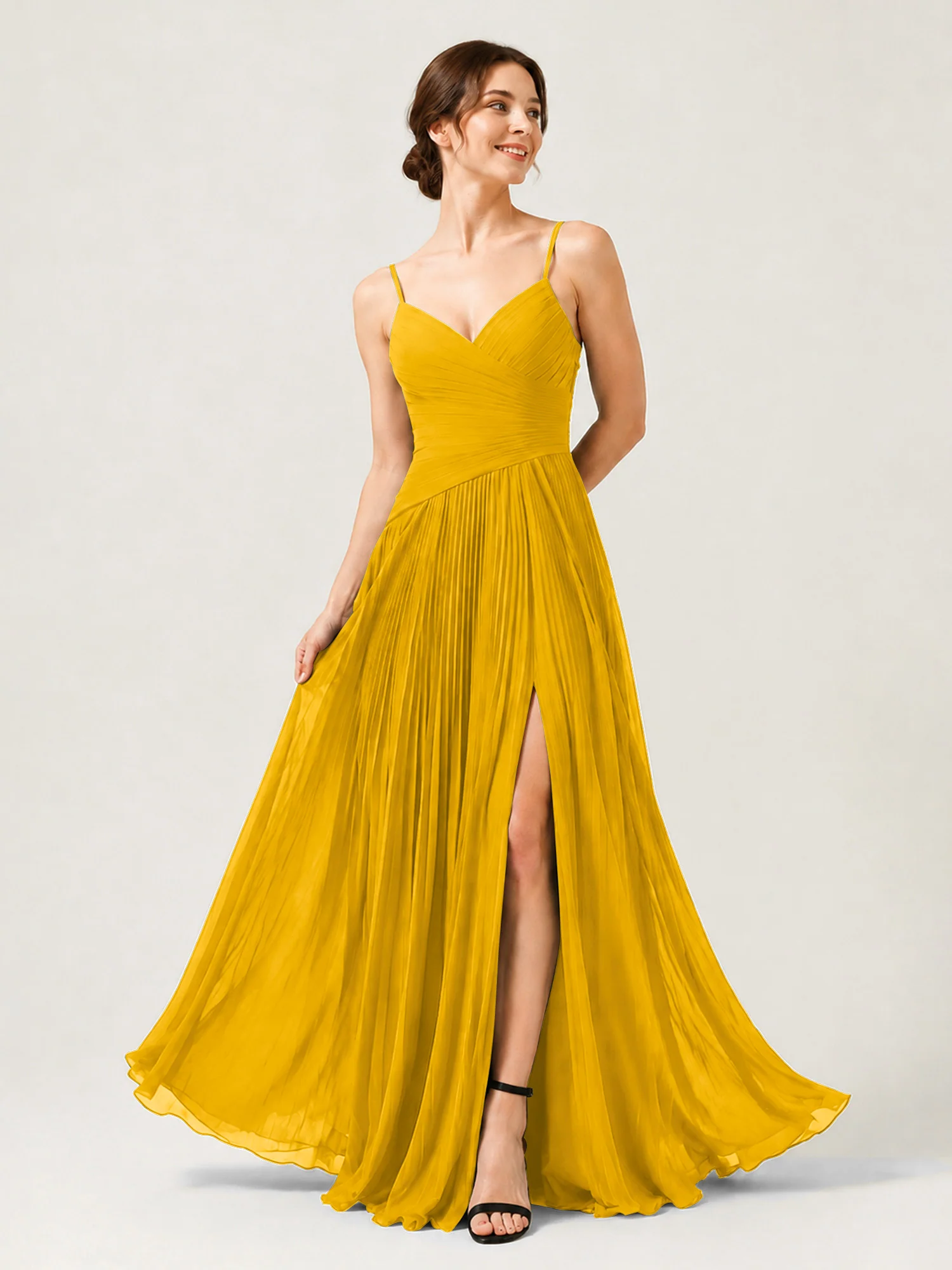 Pleated Chiffon Cami Gown with Surplice Ruched Bodice Marigold