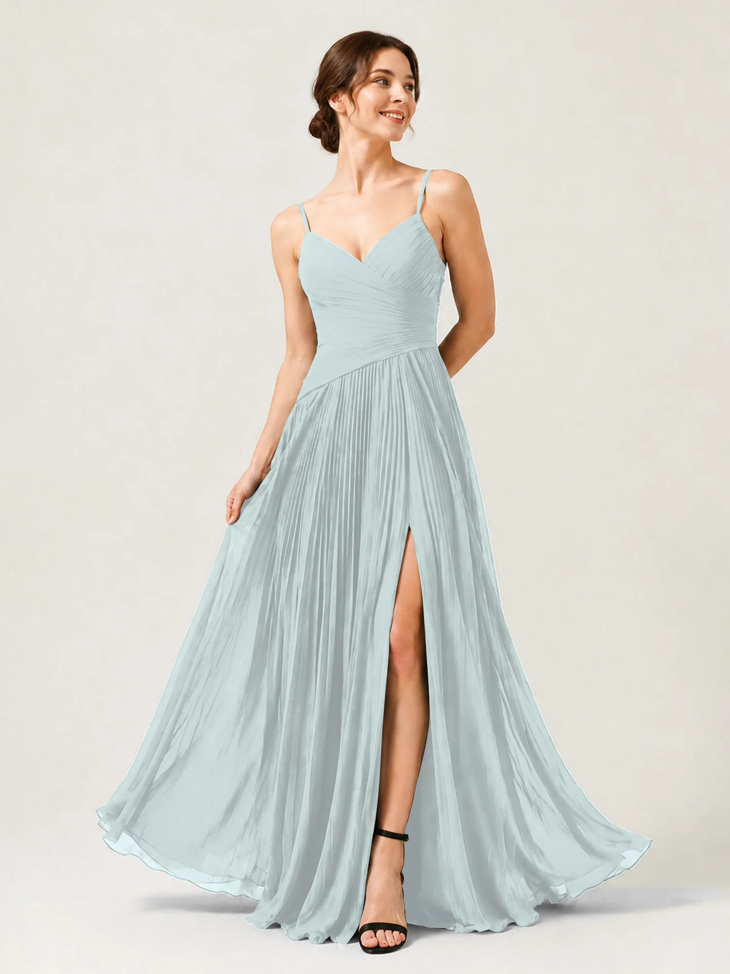 Pleated Chiffon Cami Gown with Surplice Ruched Bodice Mist