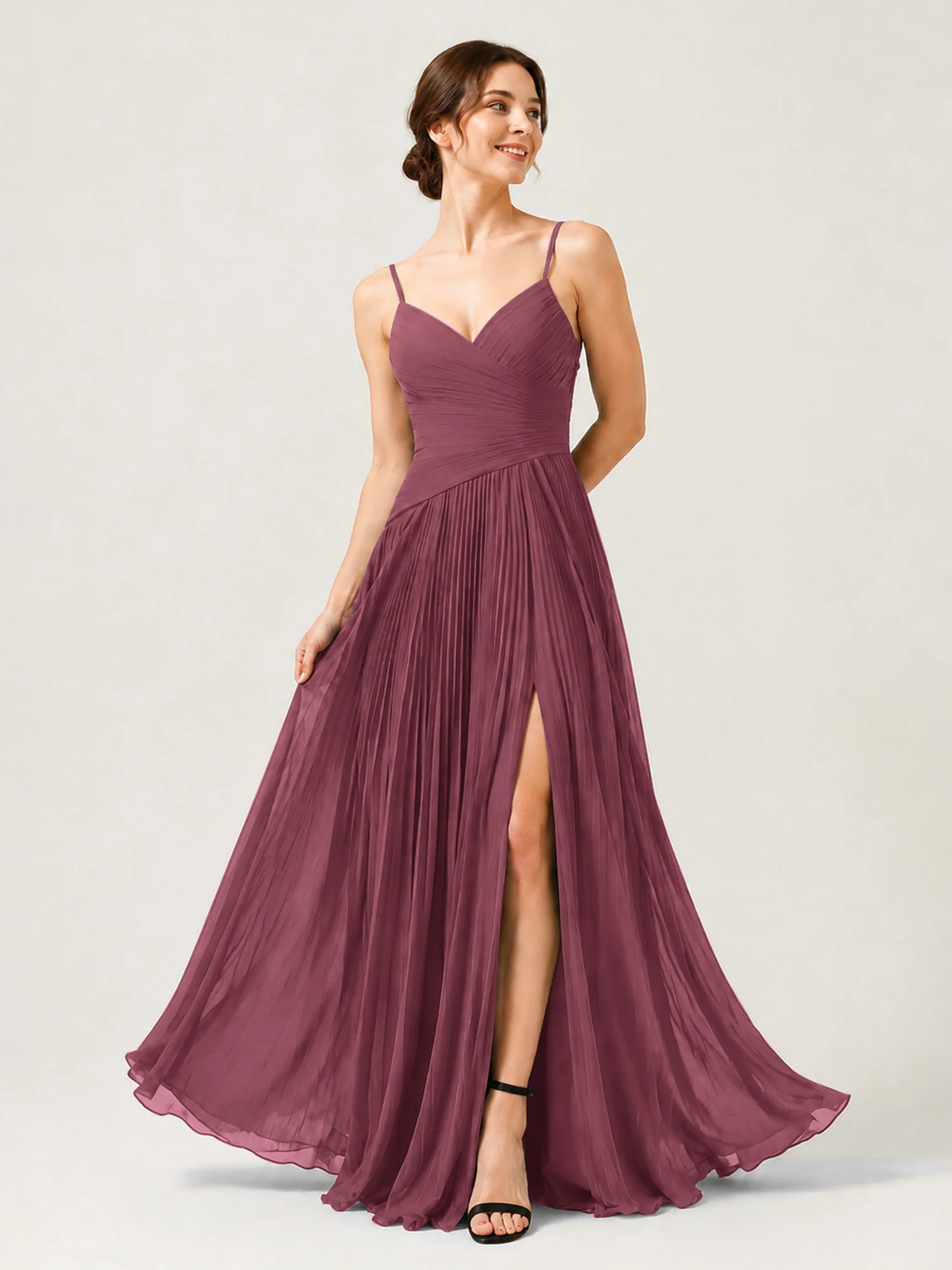 Pleated Chiffon Cami Gown with Surplice Ruched Bodice Mulberry
