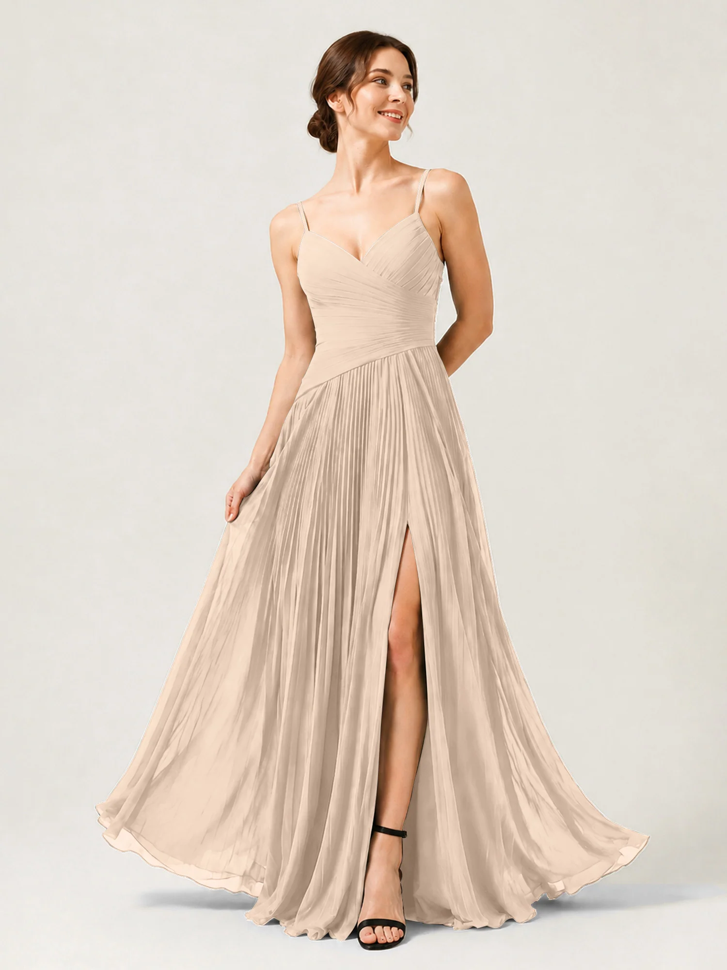 Pleated Chiffon Cami Gown with Surplice Ruched Bodice Peach