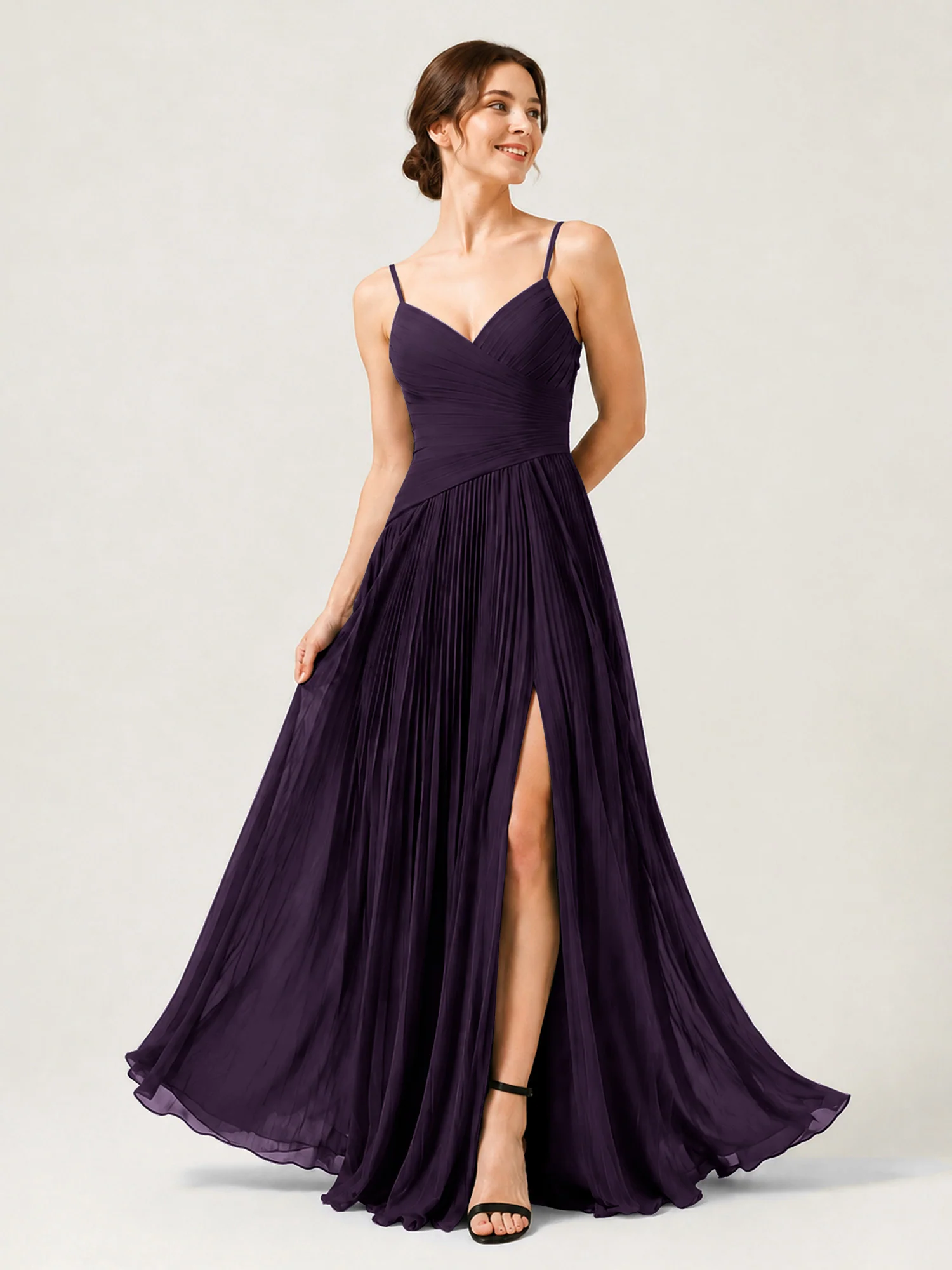 Pleated Chiffon Cami Gown with Surplice Ruched Bodice Plum