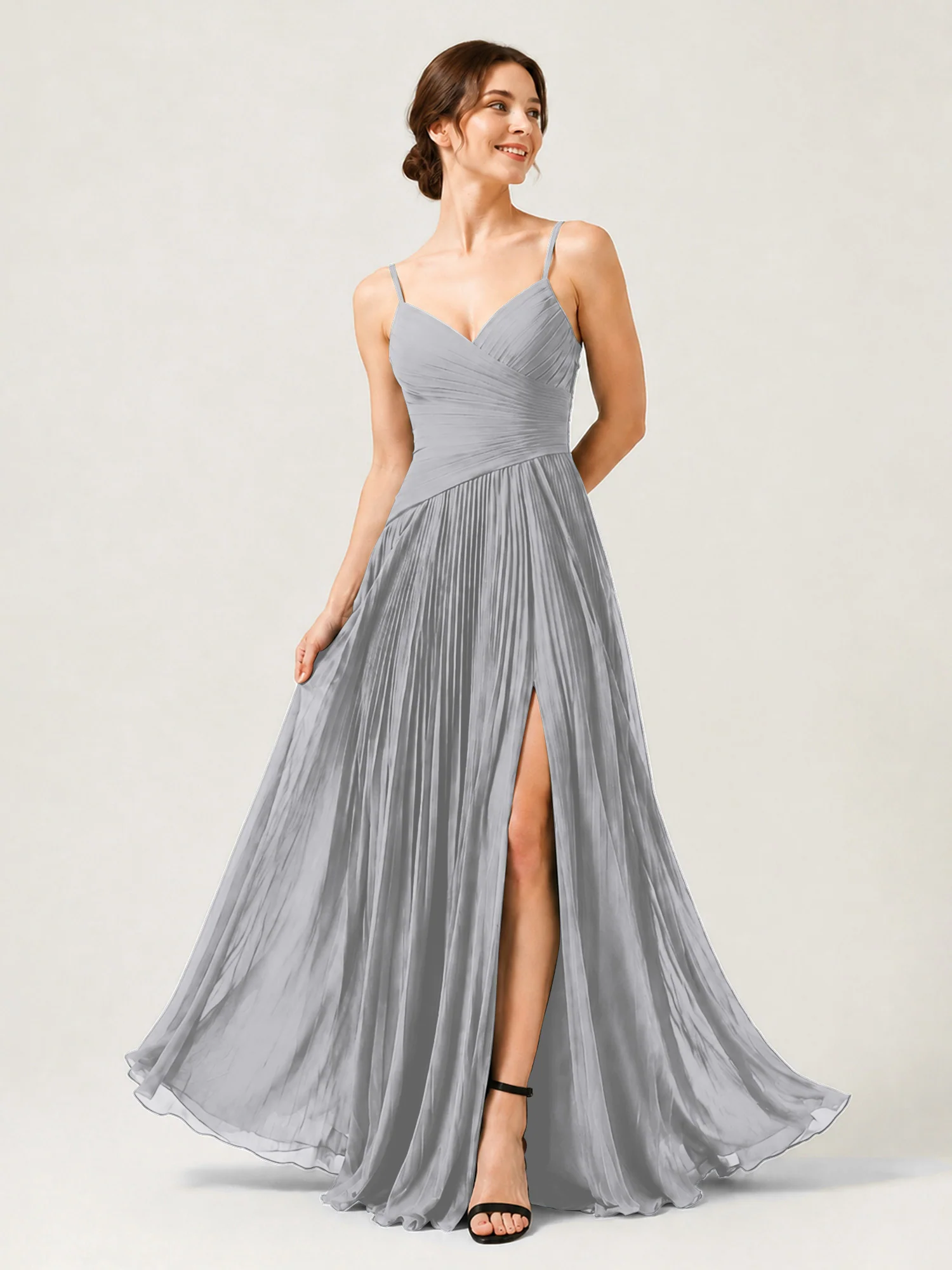 Pleated Chiffon Cami Gown with Surplice Ruched Bodice Silver