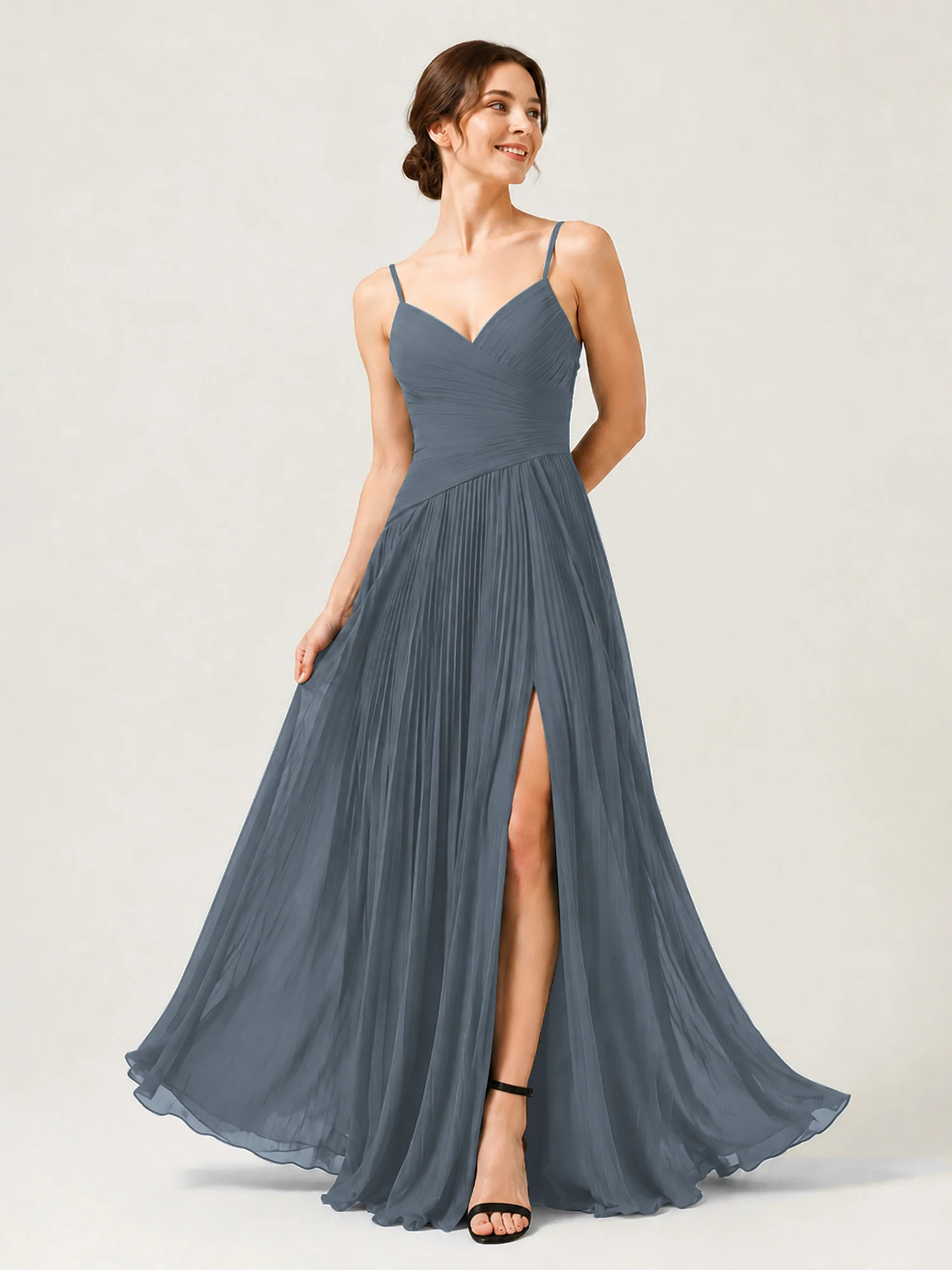 Pleated Chiffon Cami Gown with Surplice Ruched Bodice Slate Blue