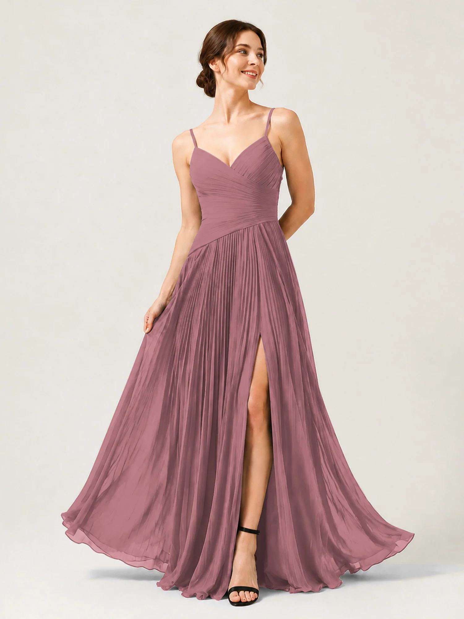 Pleated Chiffon Cami Gown with Surplice Ruched Bodice Vintage Mauve