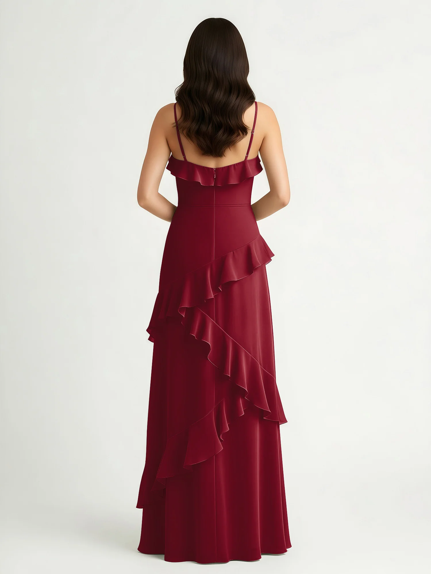 A-Line Chiffon Ruffle Floor Length V-Neck Dresses Burgundy - Image 2