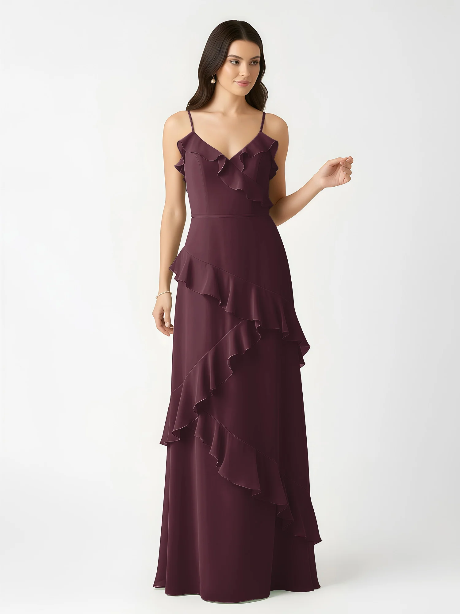 A-Line Chiffon Ruffle Floor Length V-Neck Dresses Cabernet - Image 4